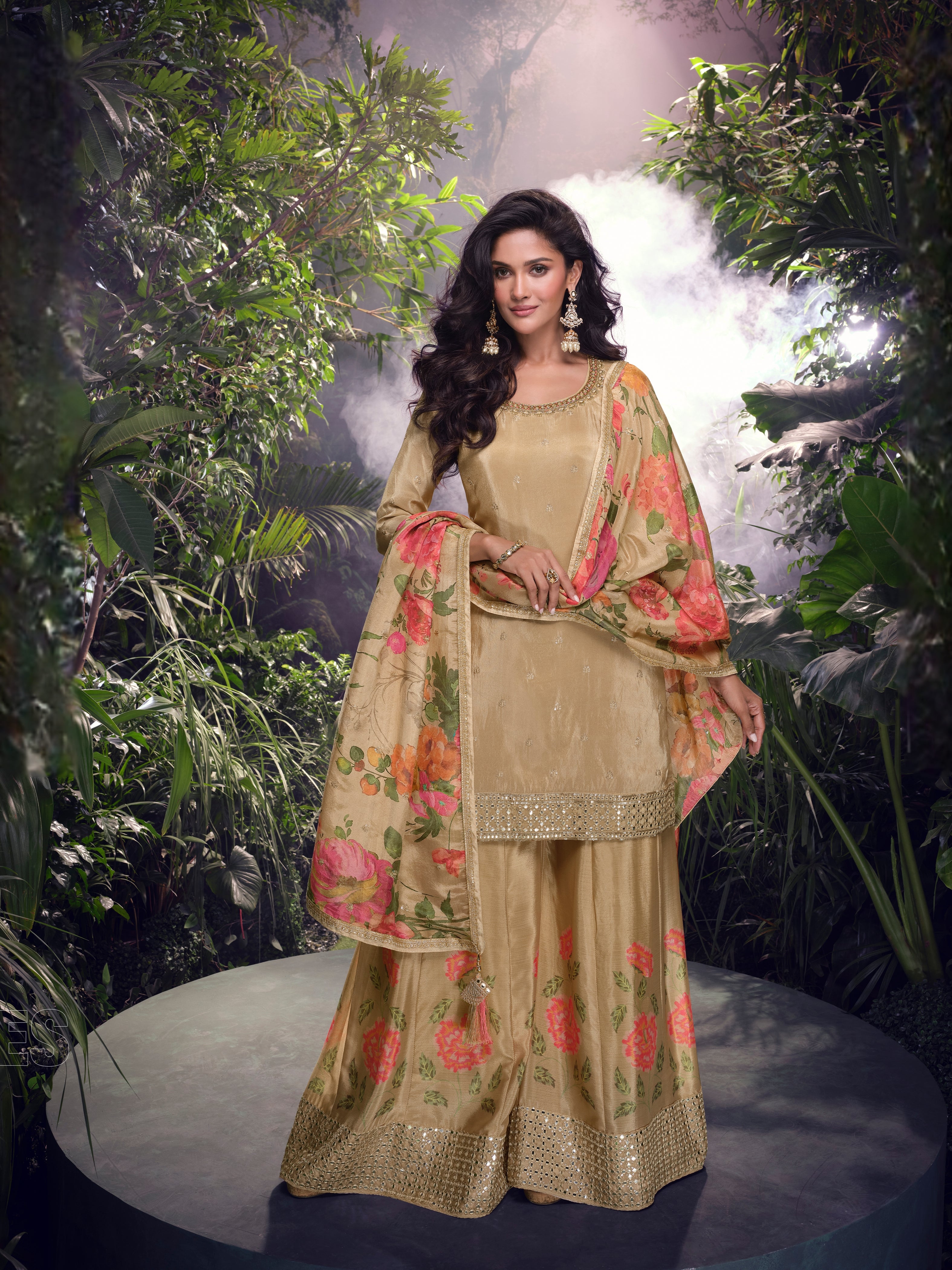 Beige Floral Digital Print Simar Silk Sharara Set