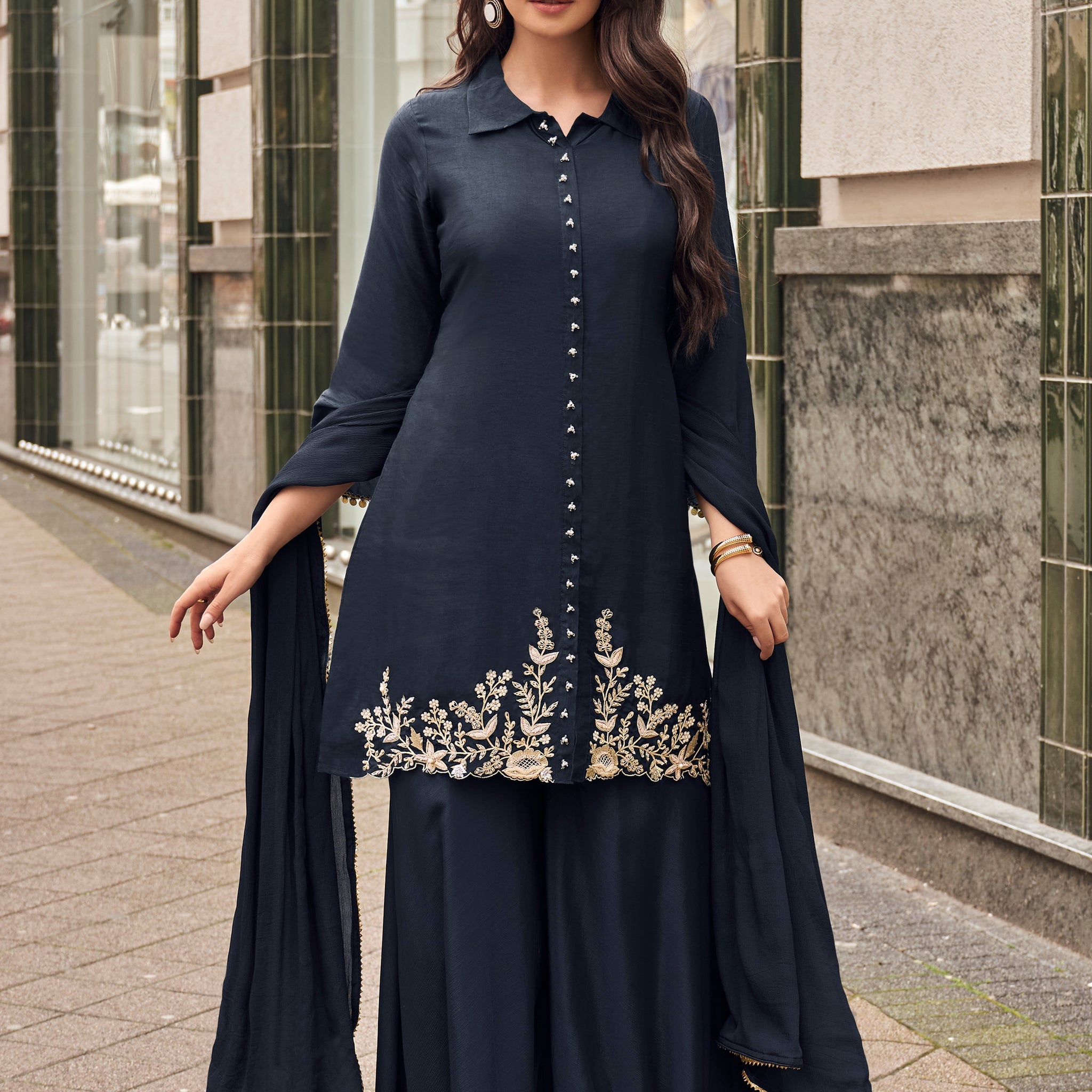 Navy Blue Embroidered Silk Sharara Suit