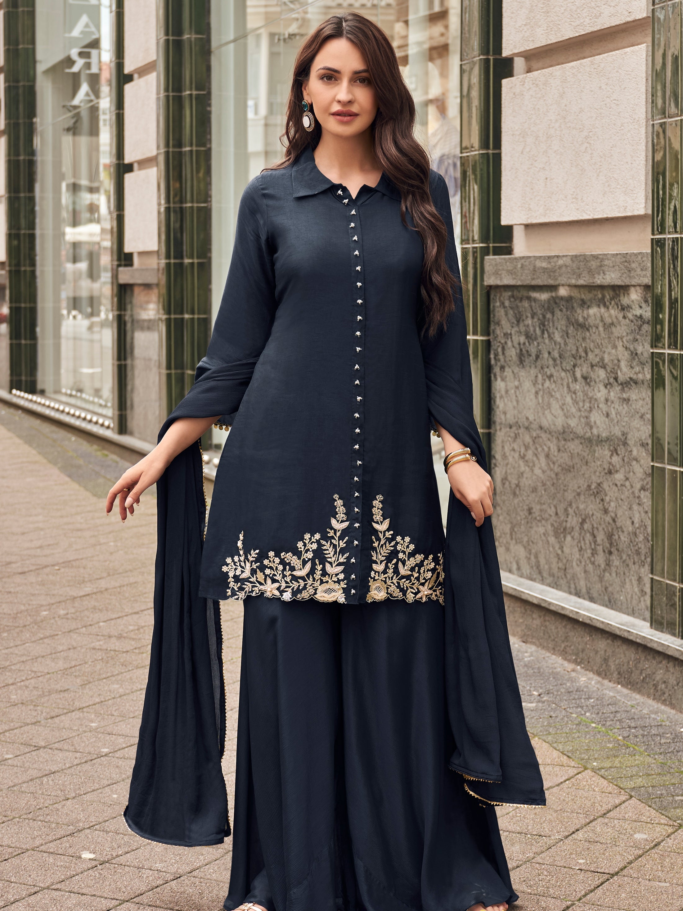Navy Blue Embroidered Silk Sharara Suit