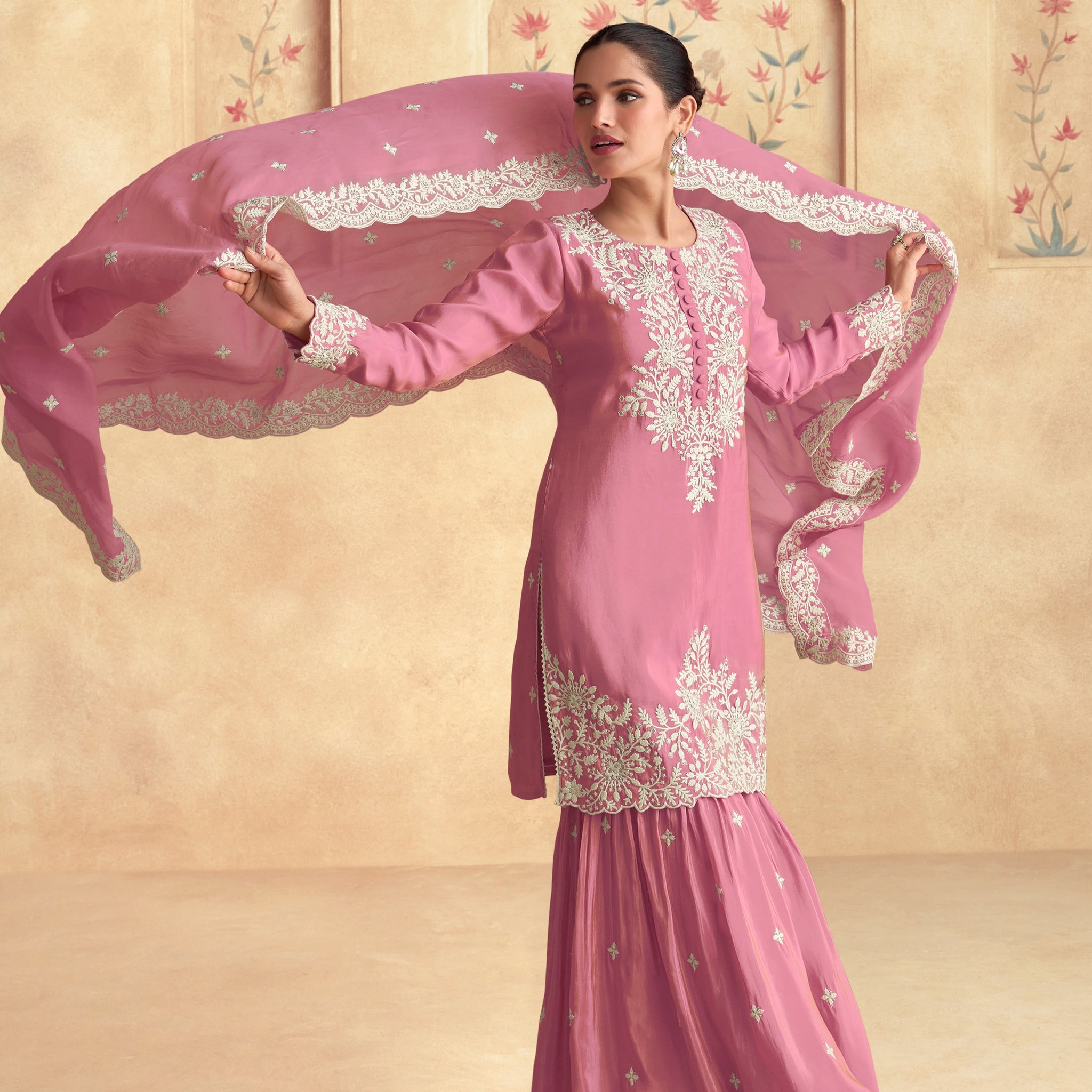 Rose Pink Simar Silk Embroidered Sharara Set