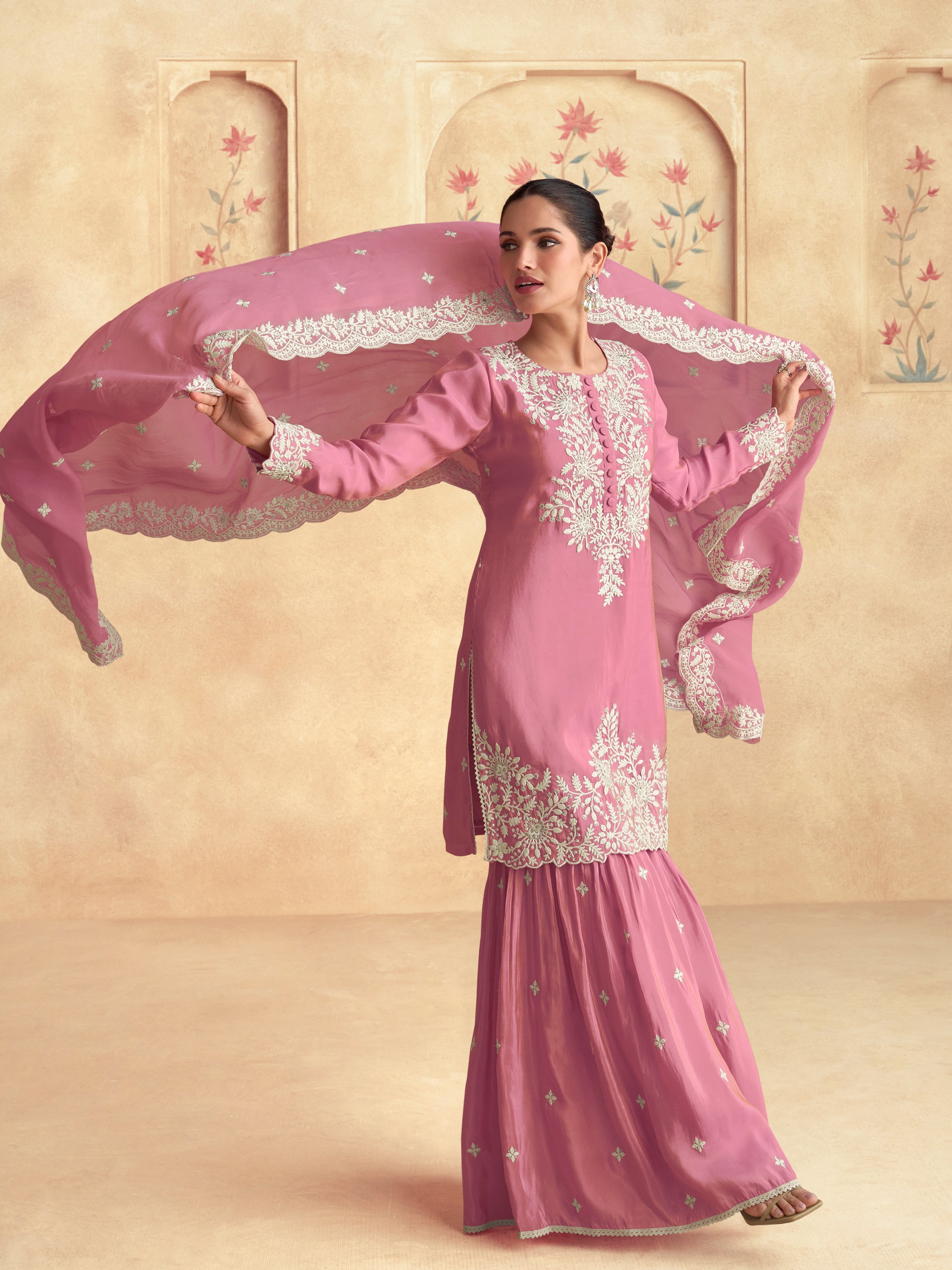 Rose Pink Simar Silk Embroidered Sharara Set