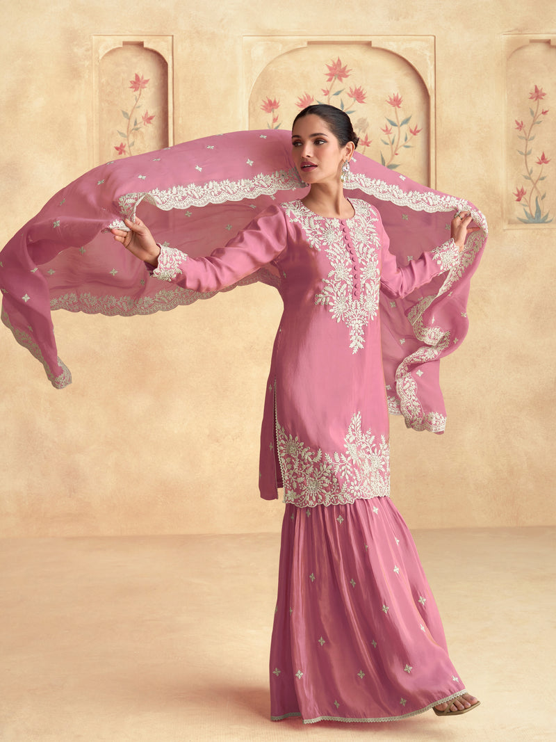 Rose Pink Simar Silk Embroidered Sharara Set