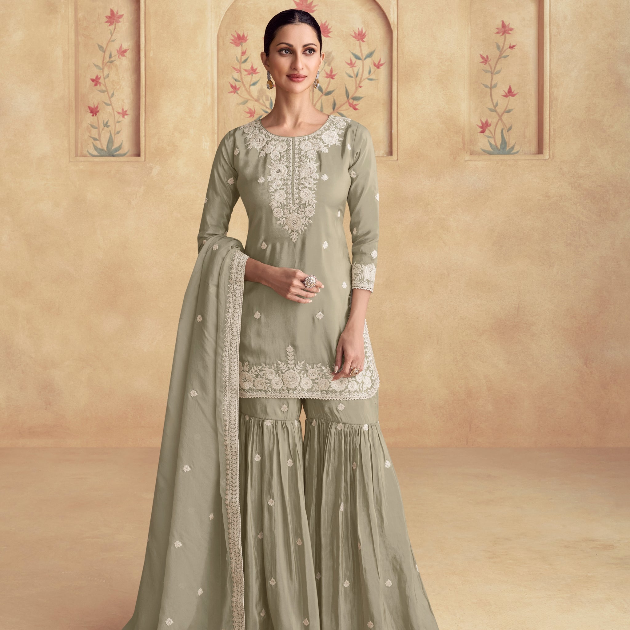 Sage Green Simar Silk Embroidered Sharara Set
