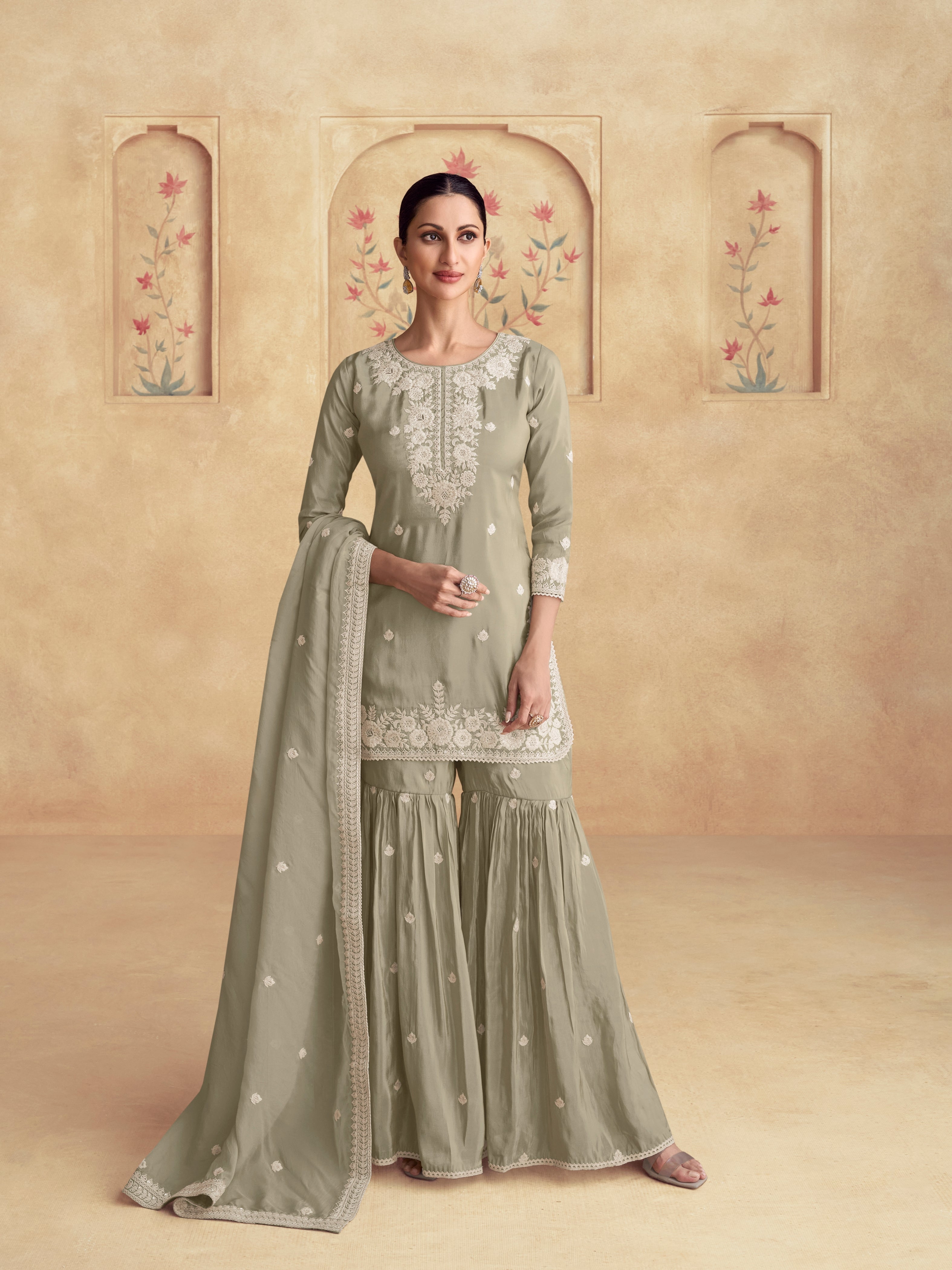 Sage Green Simar Silk Embroidered Sharara Set
