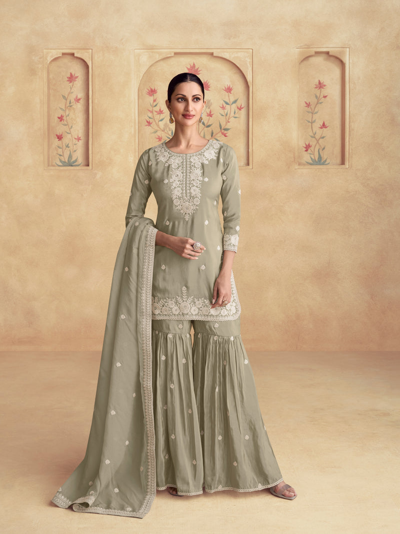 Sage Green Simar Silk Embroidered Sharara Set