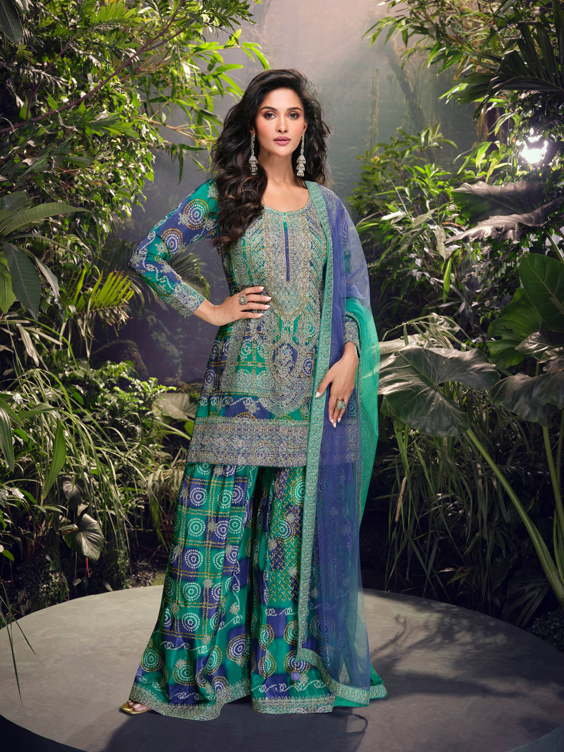 Blue &amp; Green Premium Chinon Silk Sharara Set