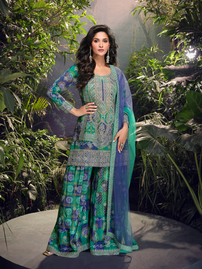 Blue &amp; Green Premium Chinon Silk Sharara Set