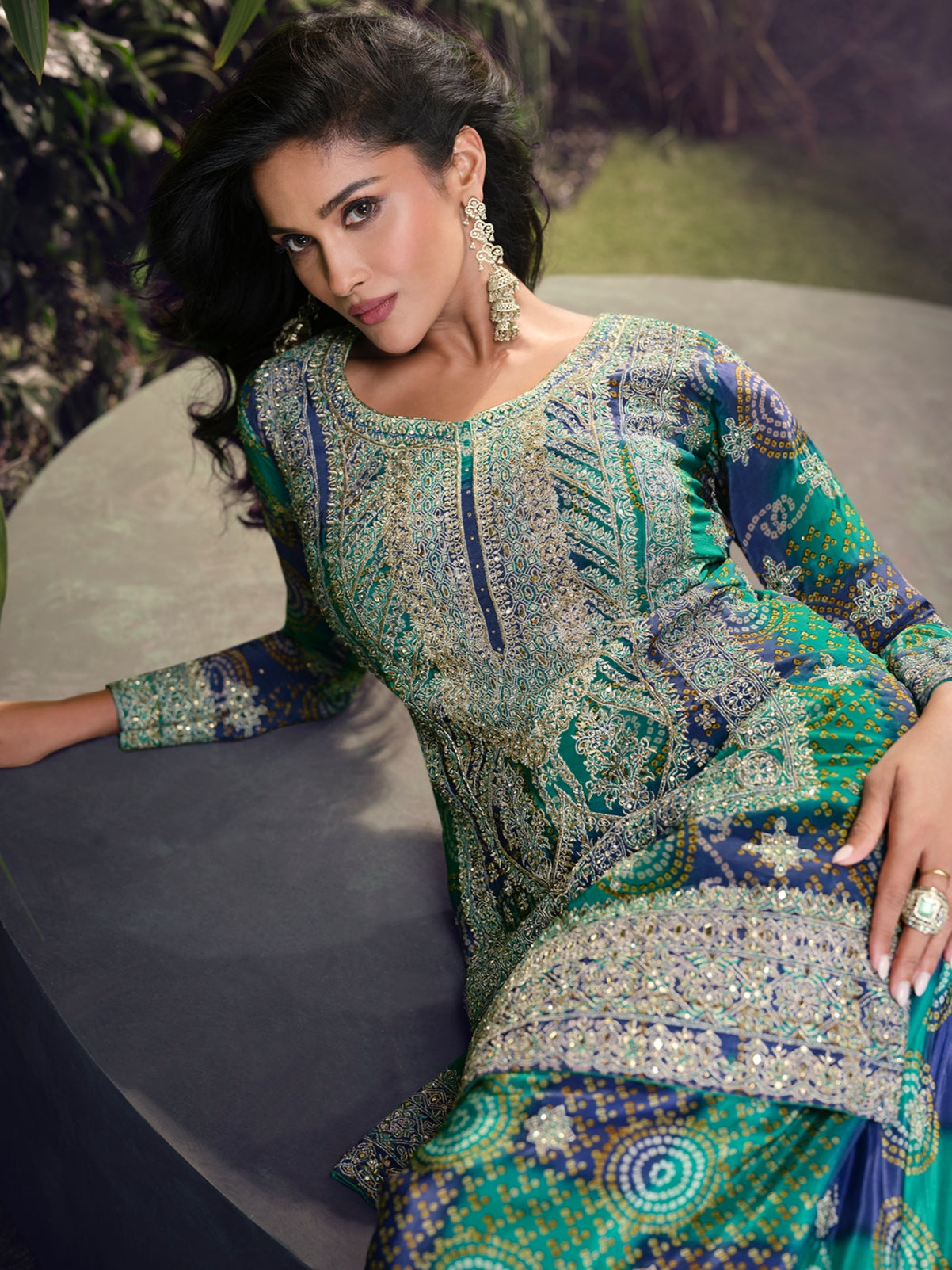 Blue &amp; Green Premium Chinon Silk Sharara Set