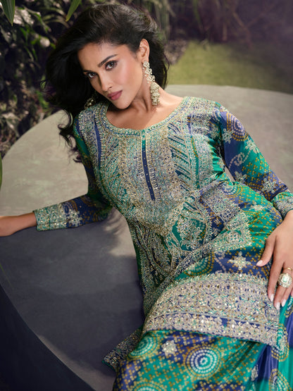Blue &amp; Green Premium Chinon Silk Sharara Set