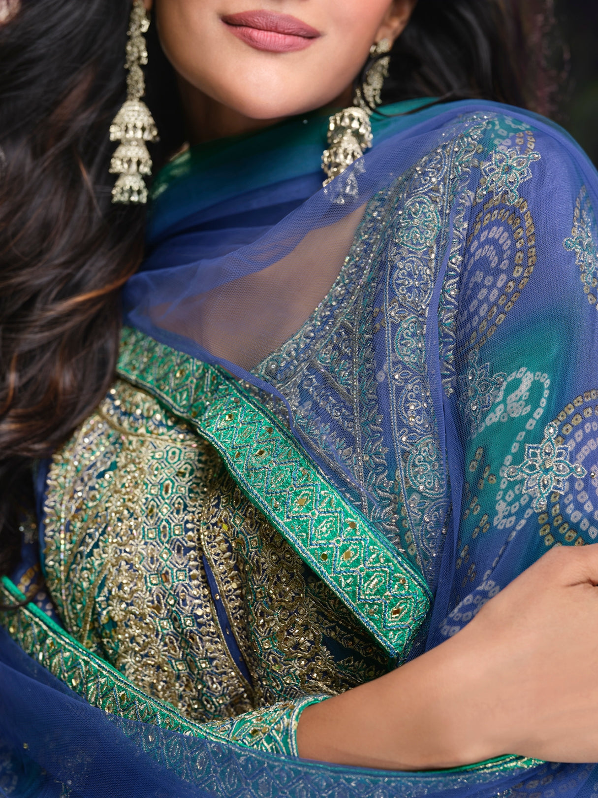 Blue &amp; Green Premium Chinon Silk Sharara Set