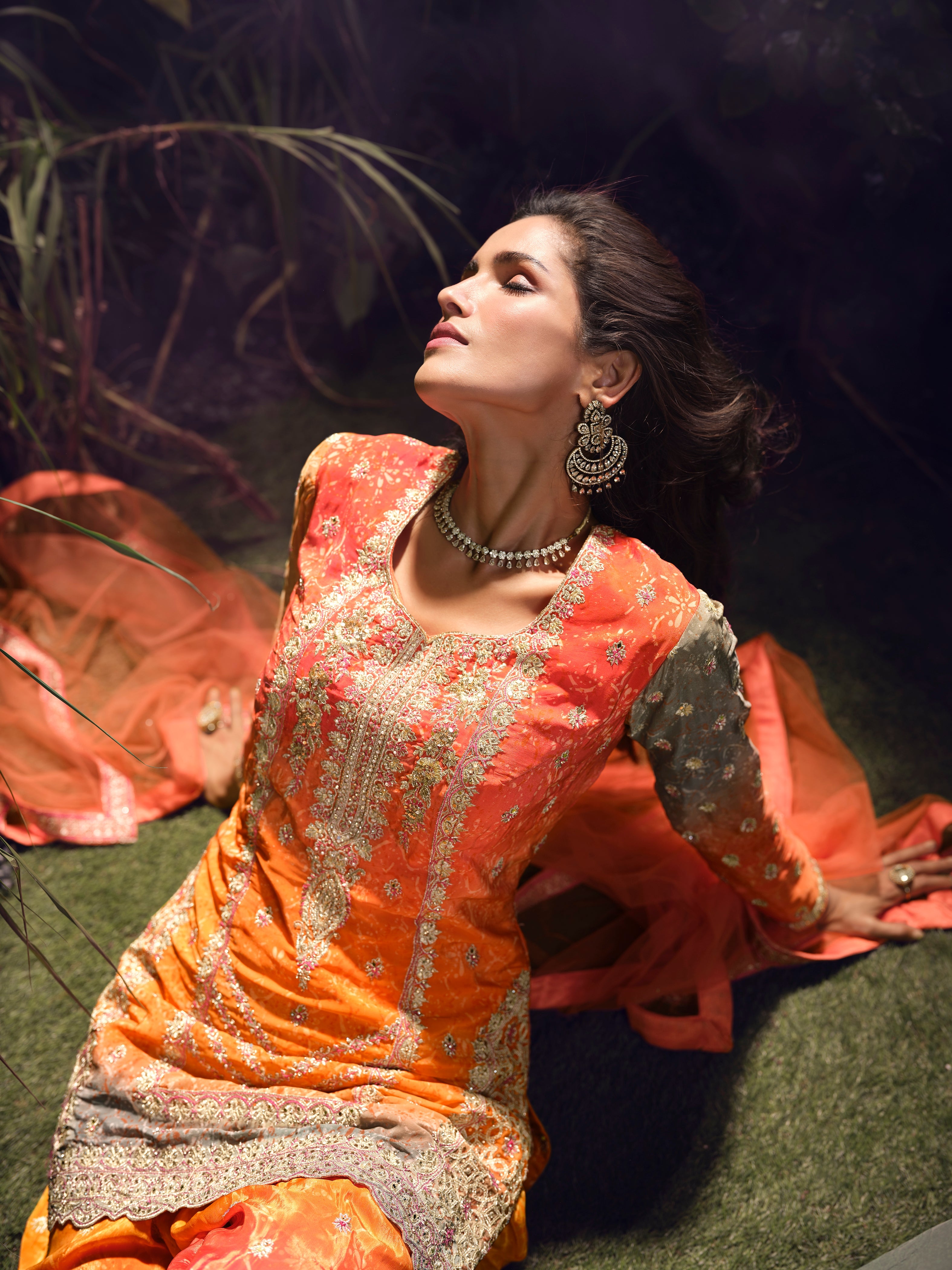 Orange &amp; Green Premium Chinon Silk Sharara Set