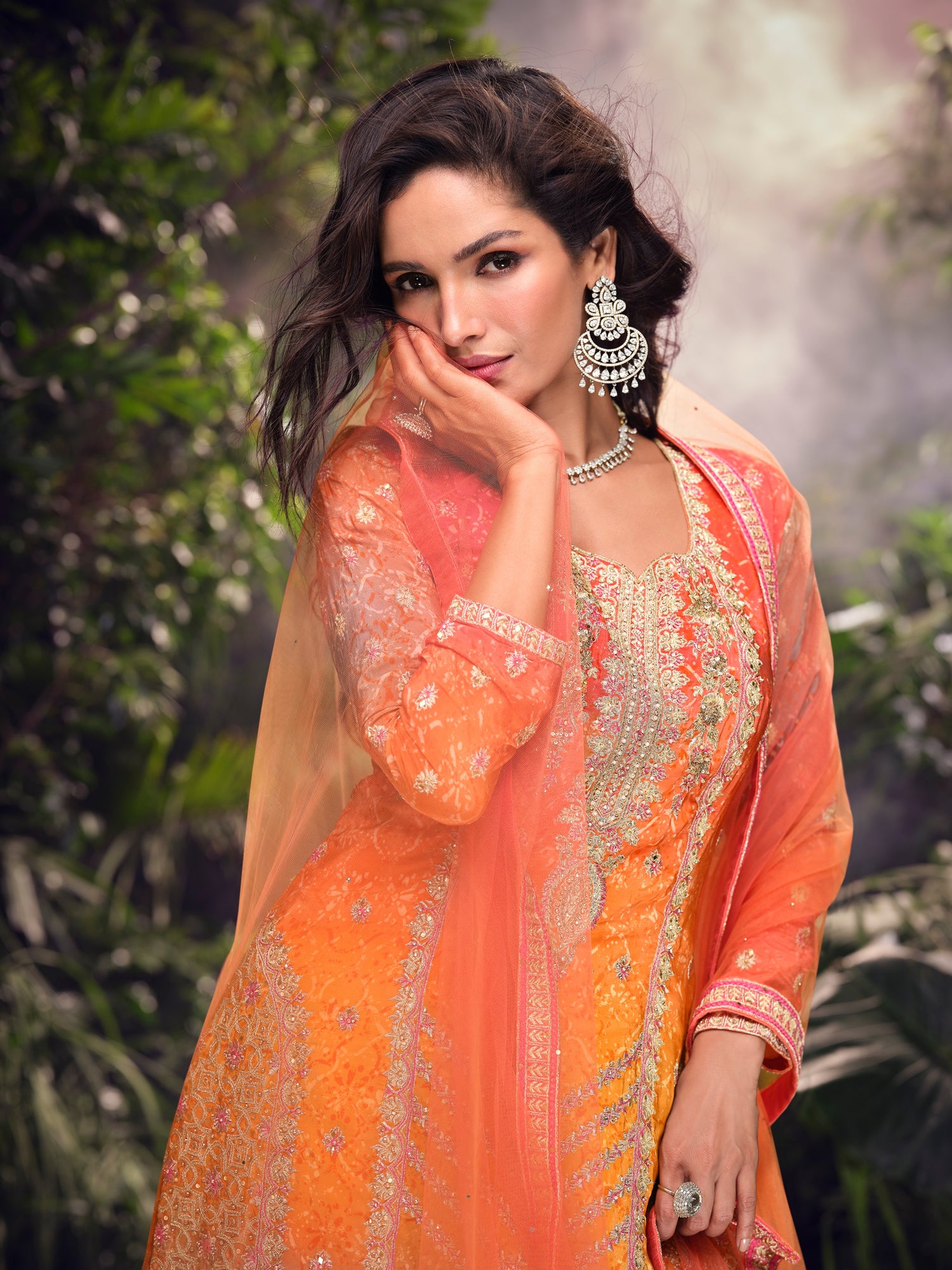 Orange &amp; Green Premium Chinon Silk Sharara Set