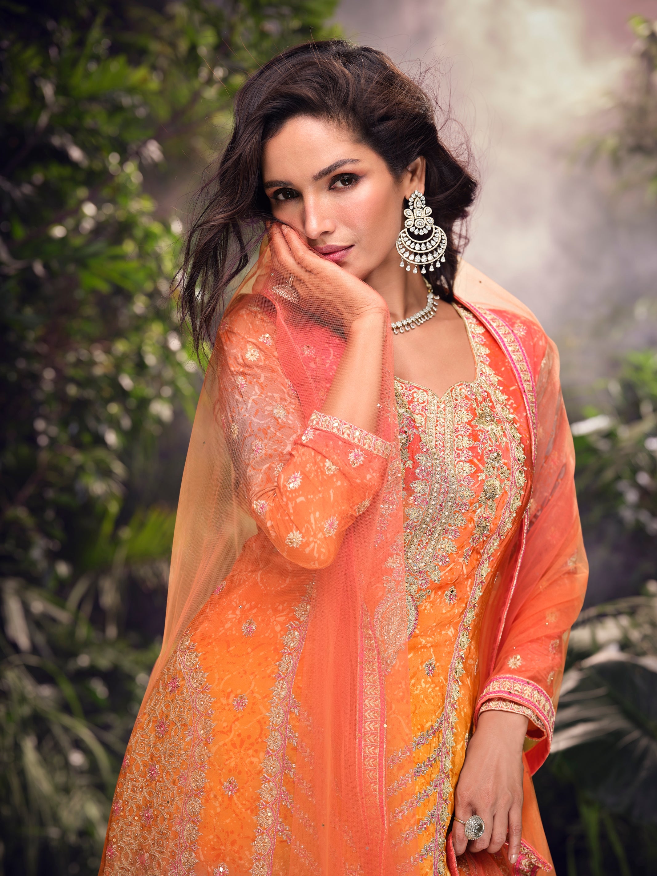 Orange &amp; Green Premium Chinon Silk Sharara Set