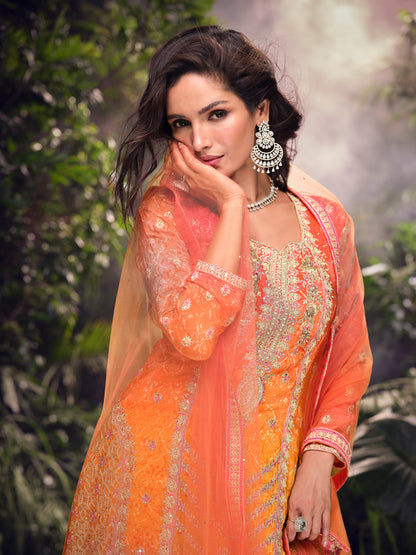 Orange &amp; Green Premium Chinon Silk Sharara Set