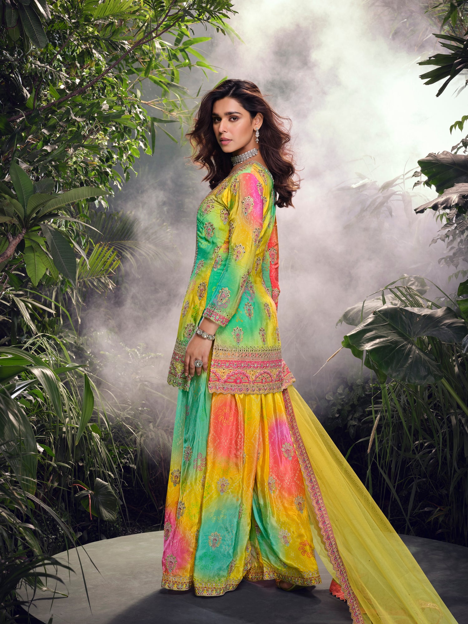 Yellow &amp; Pink Premium Chinon Silk Mirror Work Sharara Set