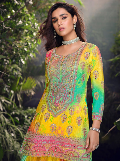 Yellow &amp; Pink Premium Chinon Silk Mirror Work Sharara Set