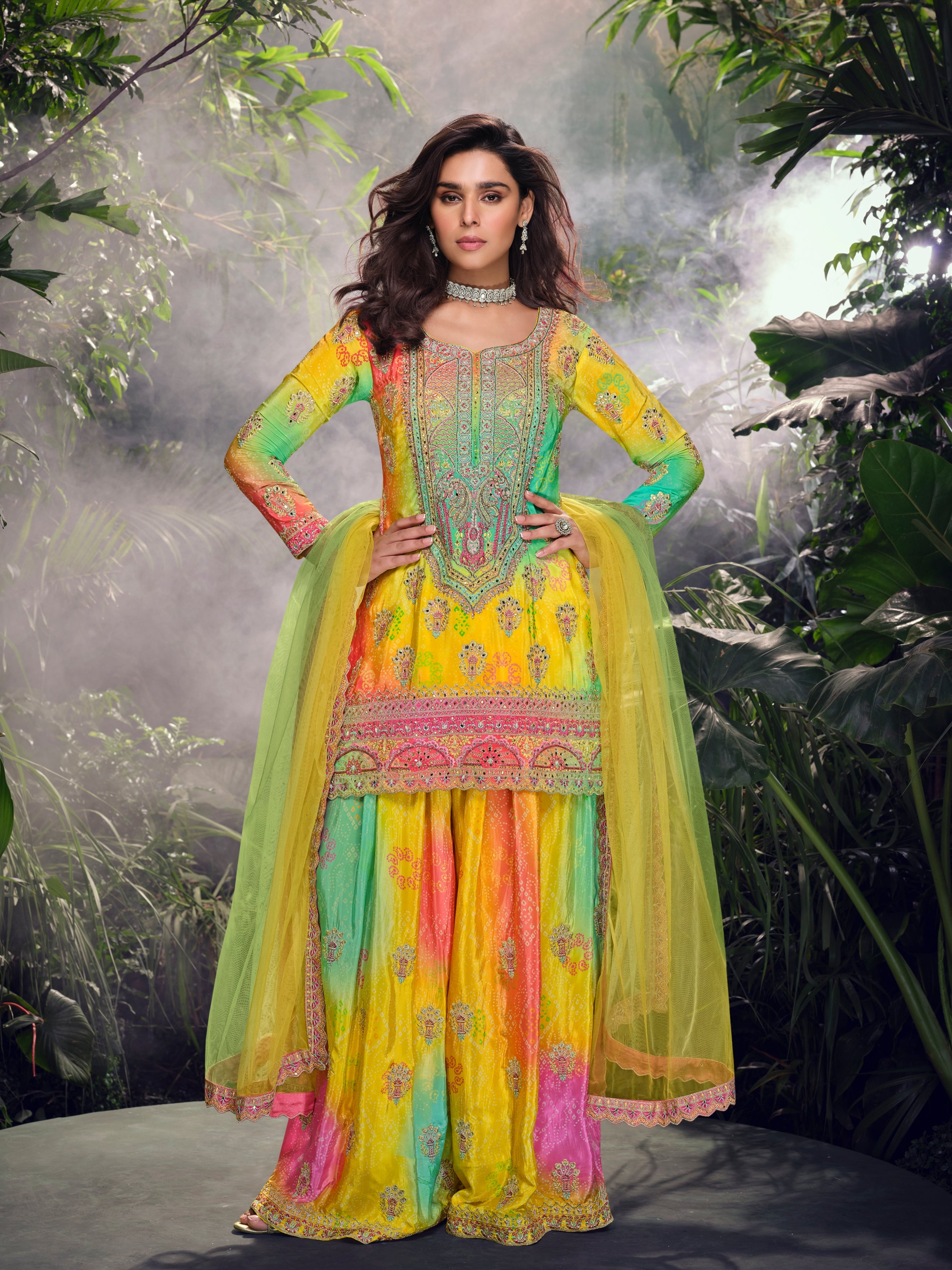 Yellow &amp; Pink Premium Chinon Silk Mirror Work Sharara Set