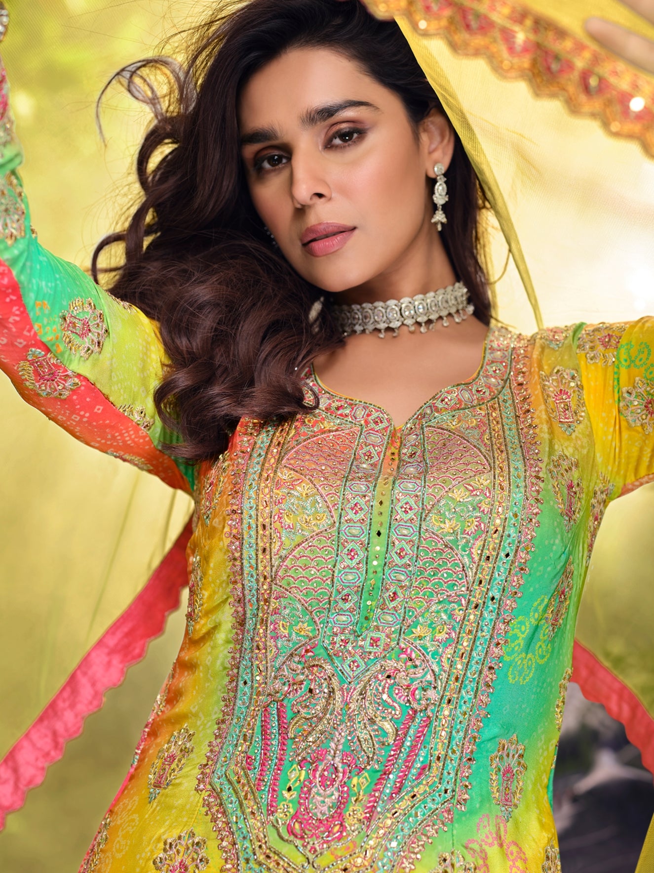 Yellow &amp; Pink Premium Chinon Silk Mirror Work Sharara Set