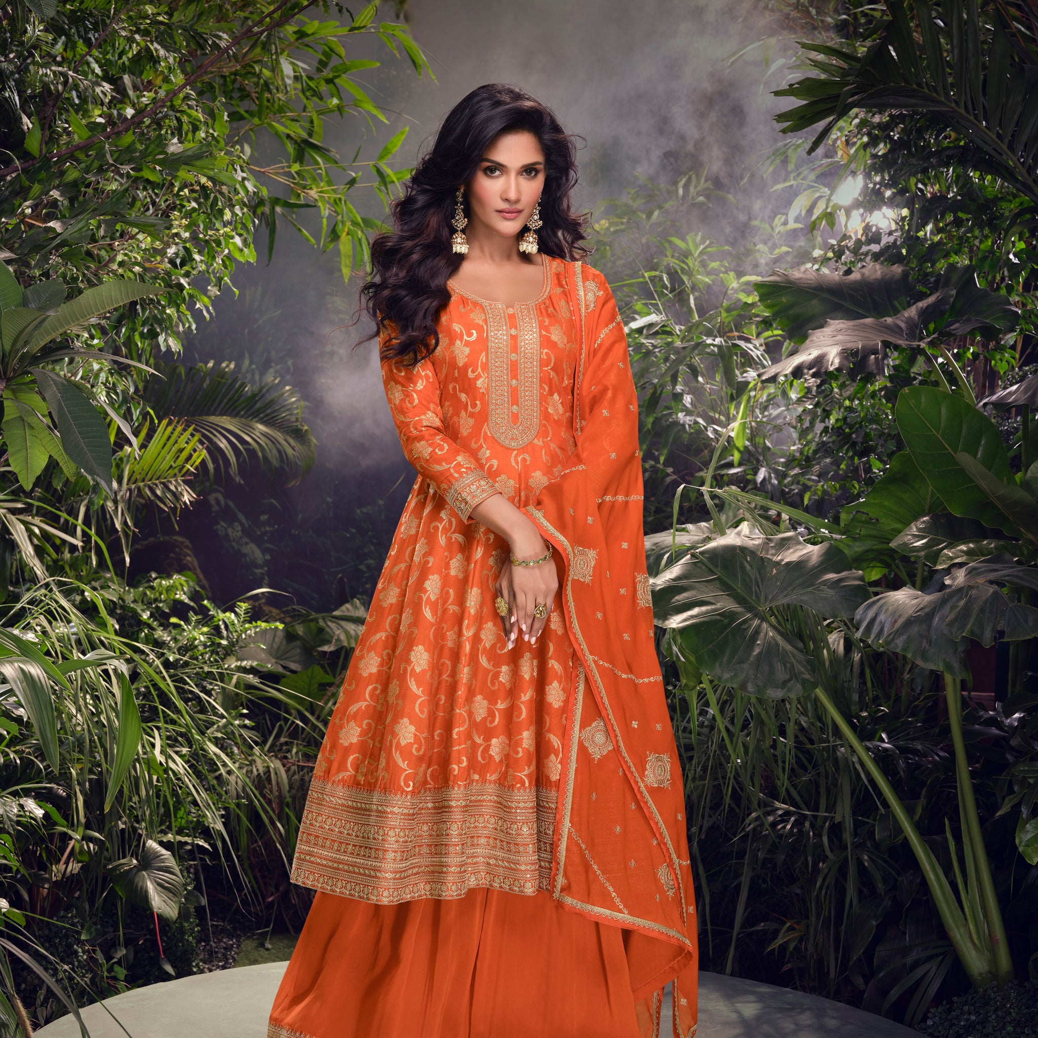 Orange Embroidered Jacquard Silk Palazzo Set