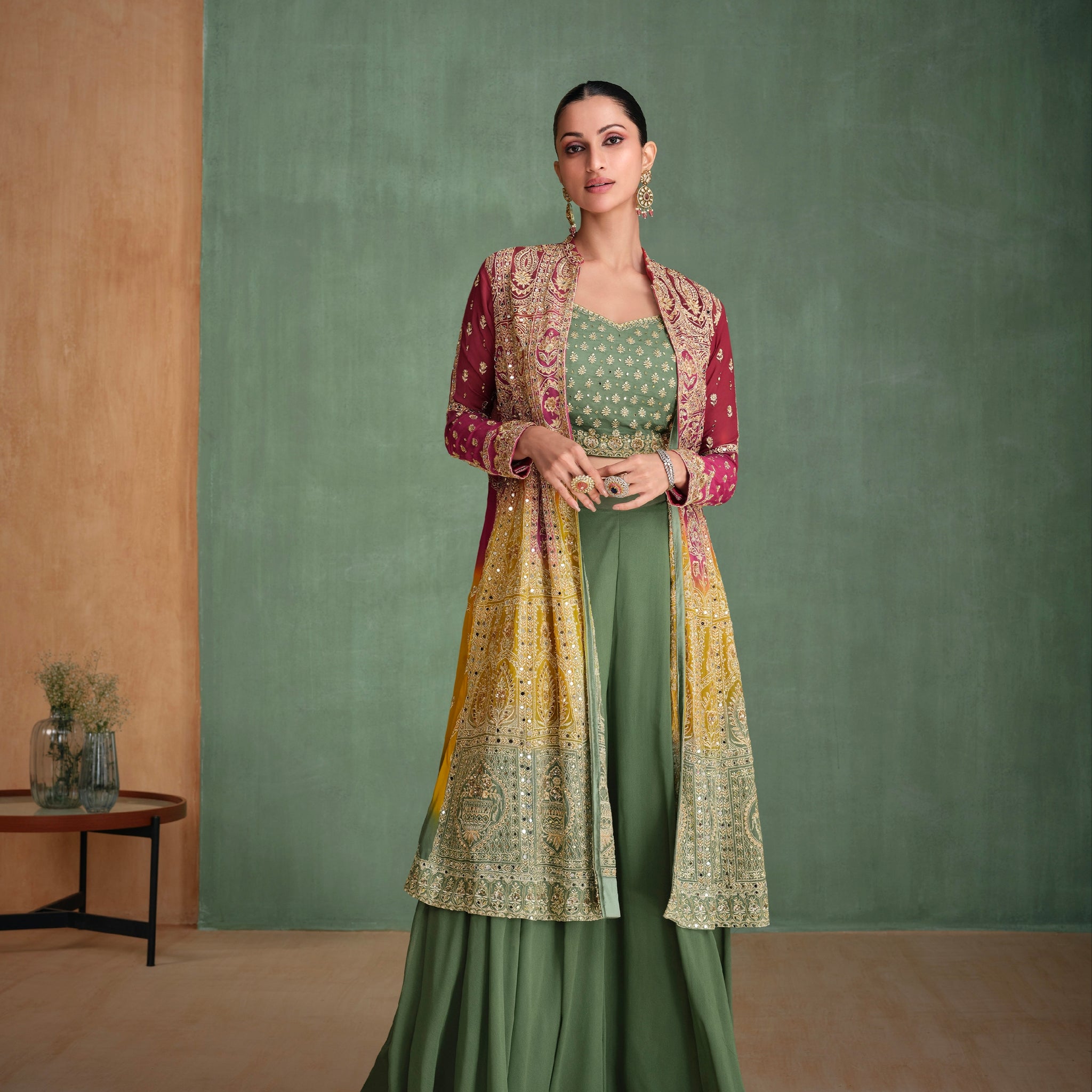 Yellow and Olive Green Jacket Palazzo Set