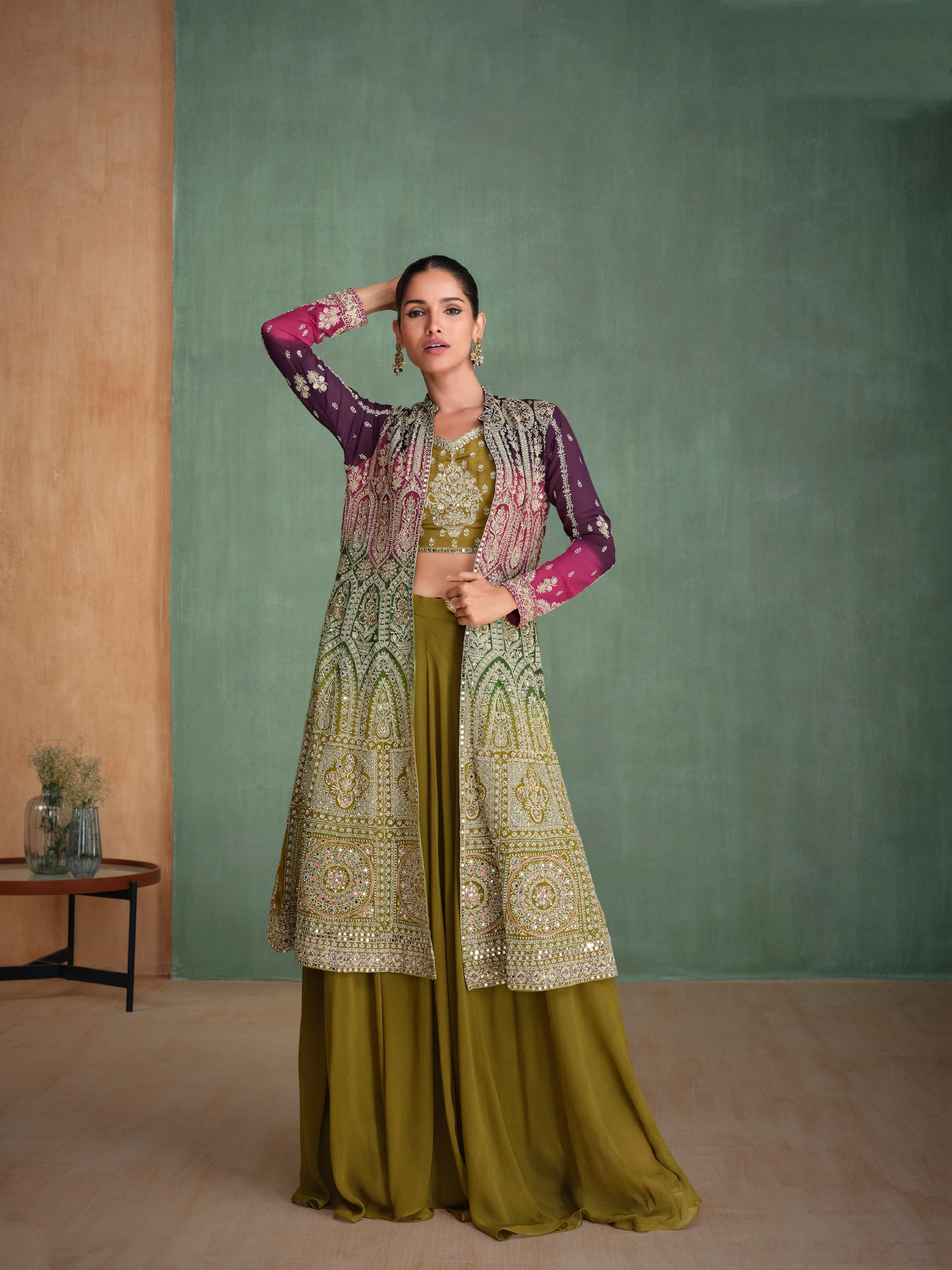 Olive Green Embroidered Mirror Work Palazzo Set