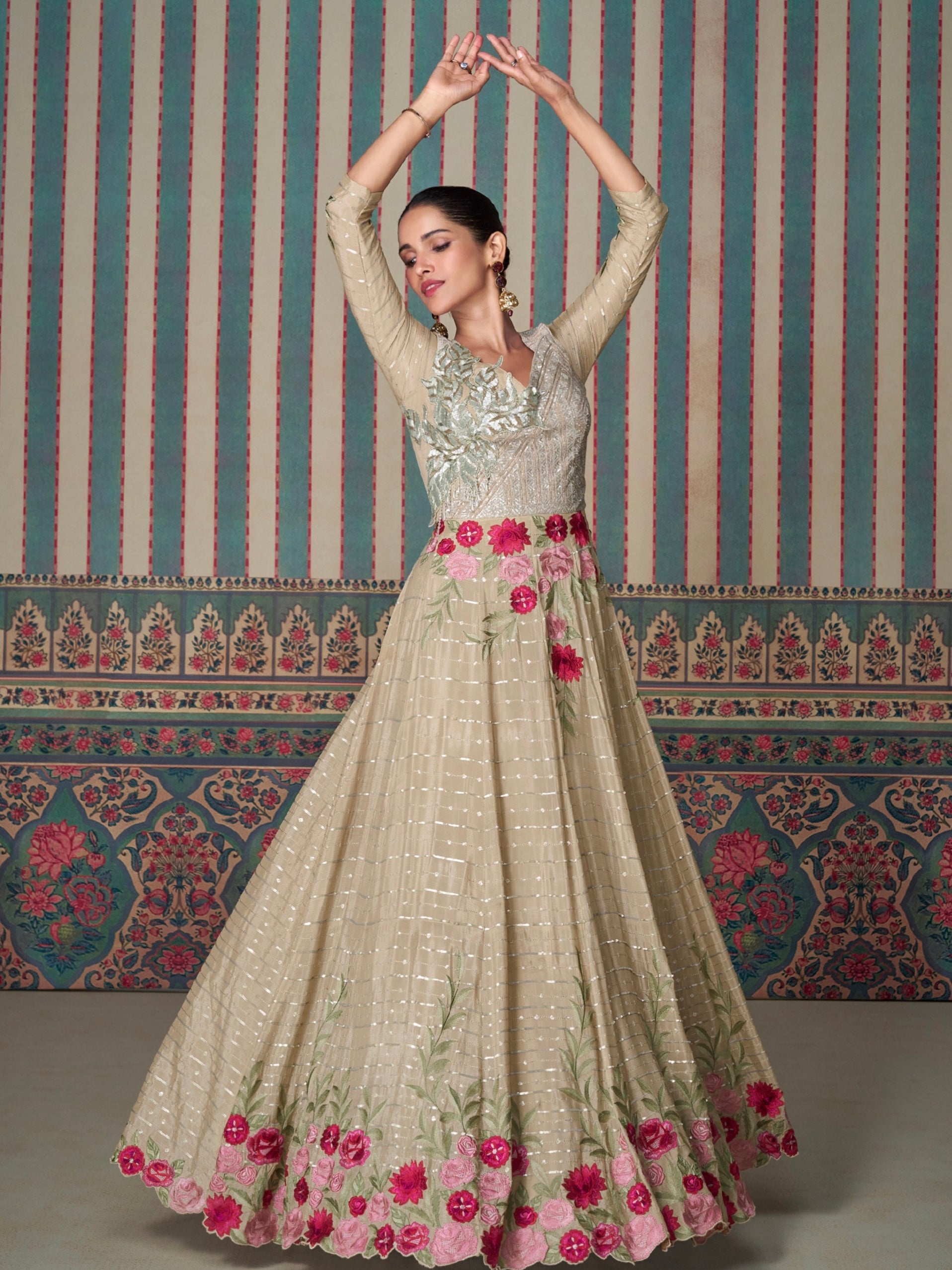 Beige Floral Embroidered Chinon Silk Anarkali Gown