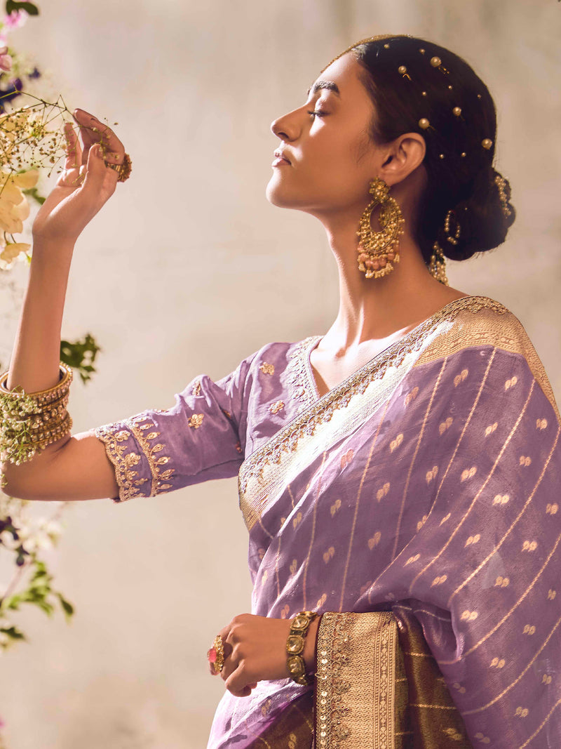 Lavender Zari Weaving Sequence Embroidered Banarasi Saree