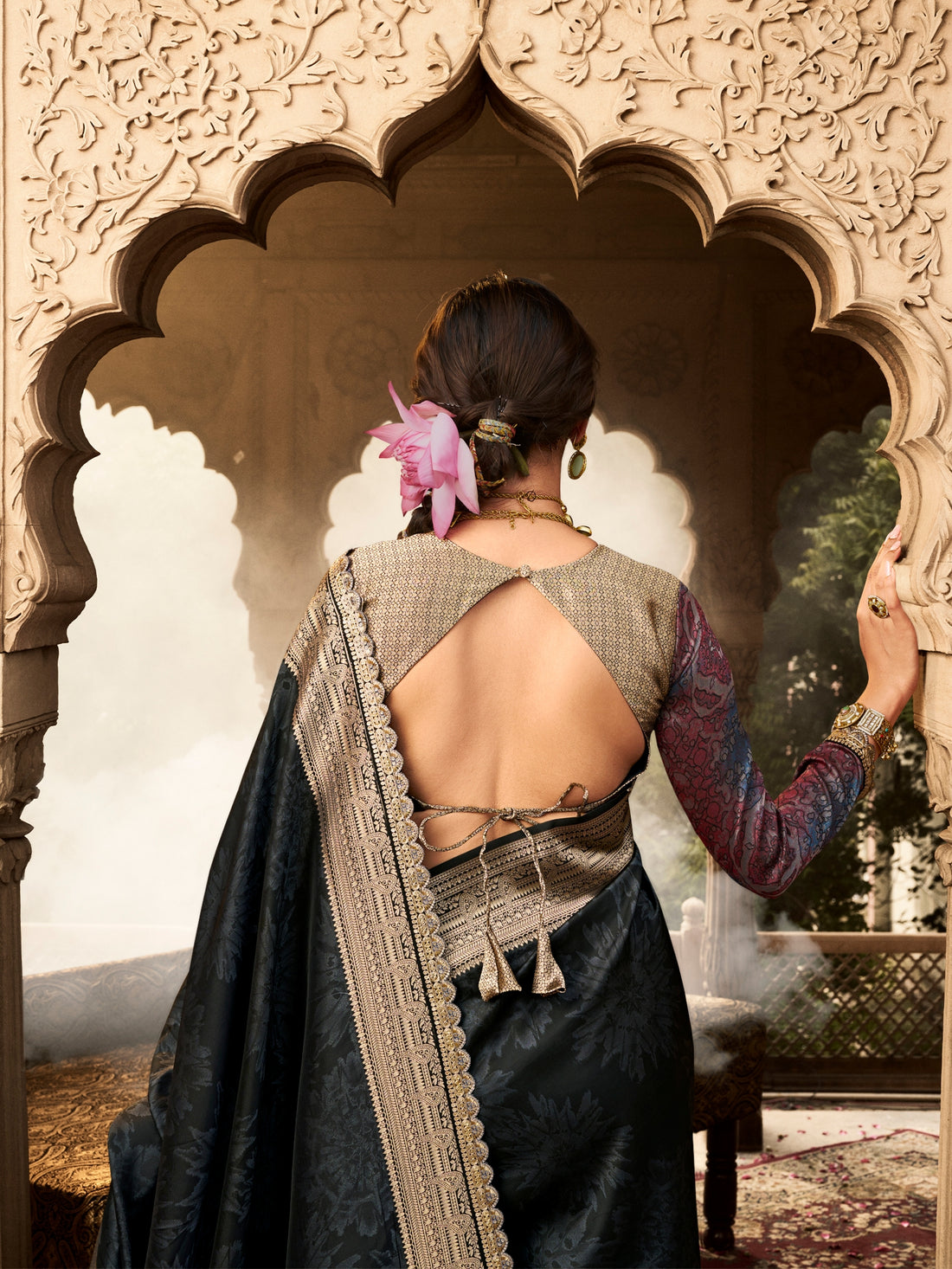 Black Banarasi Silk Saree with Lace Border