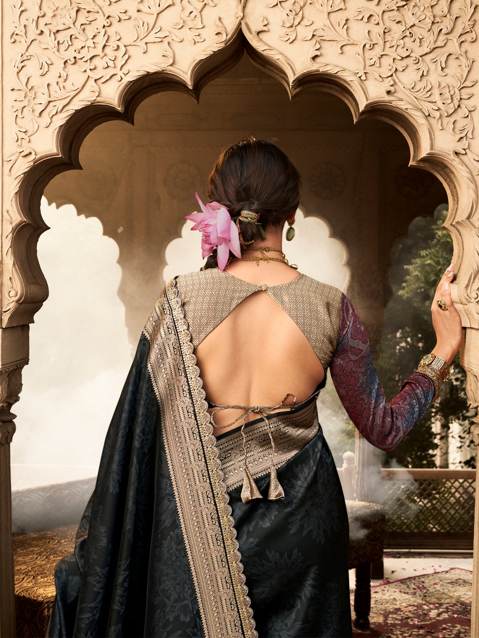 Black Banarasi Silk Saree with Lace Border