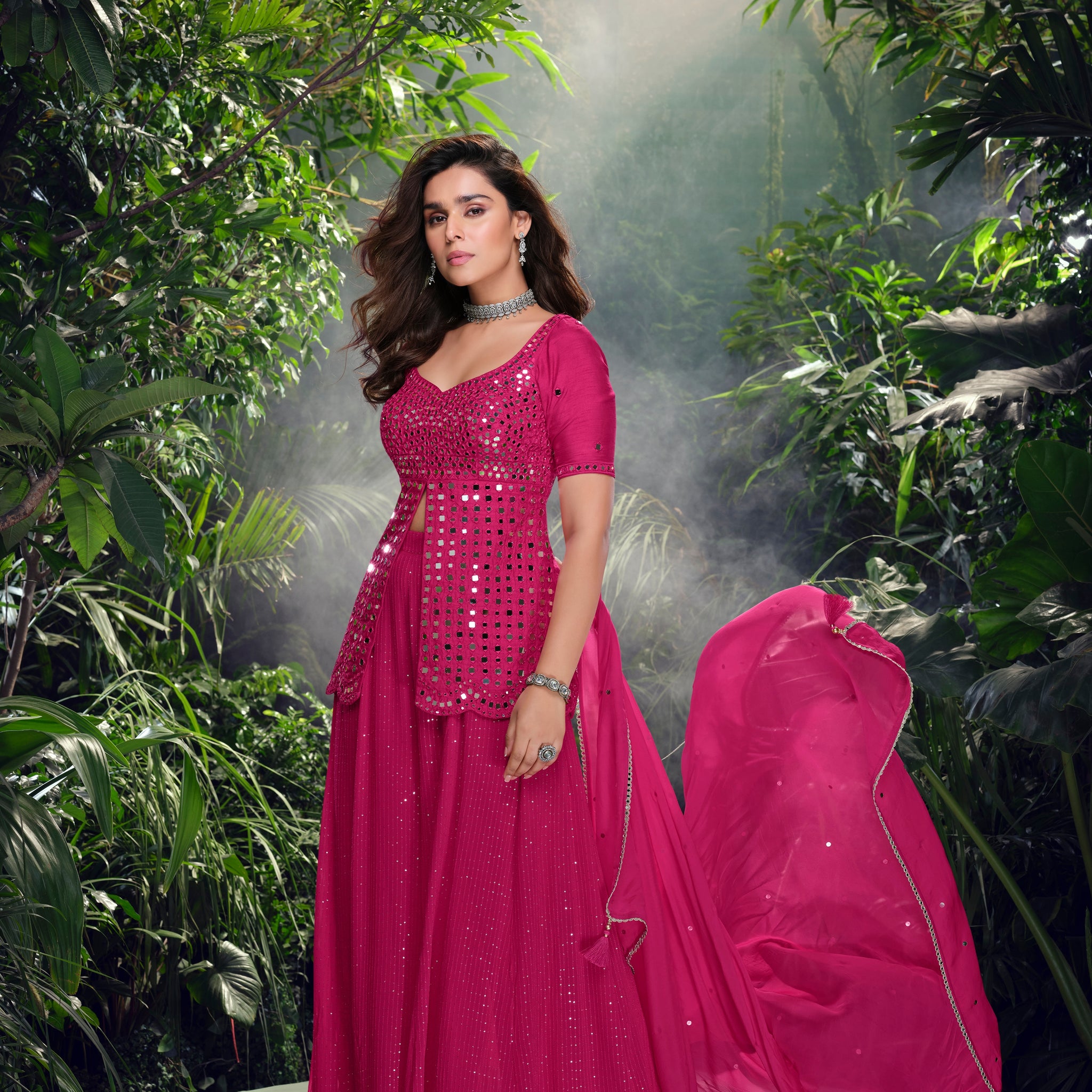 Fuchsia Pink Real Chinon Silk Sharara Set