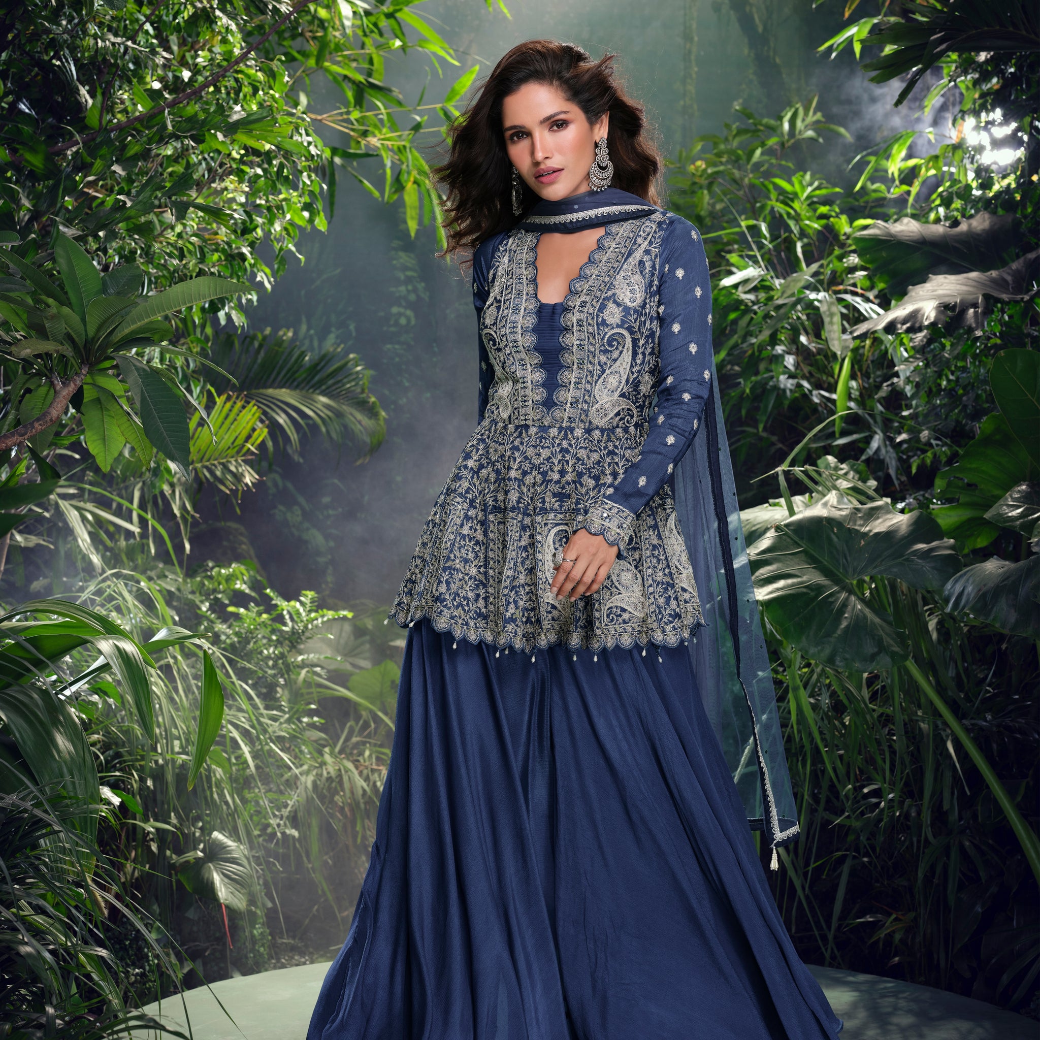 Navy Blue Real Georgette Hand Embroidered Sharara Set