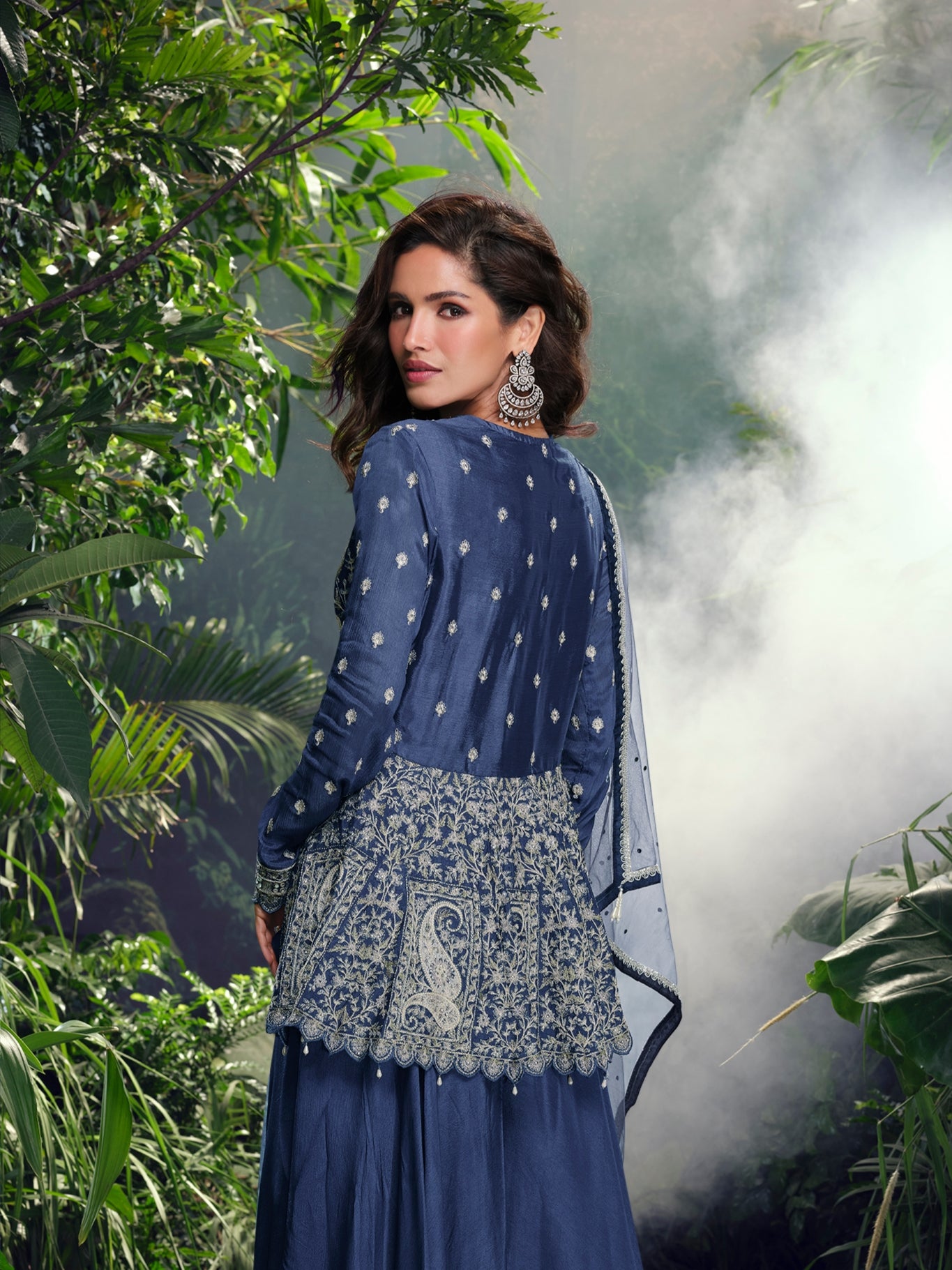 Navy Blue Real Georgette Hand Embroidered Sharara Set