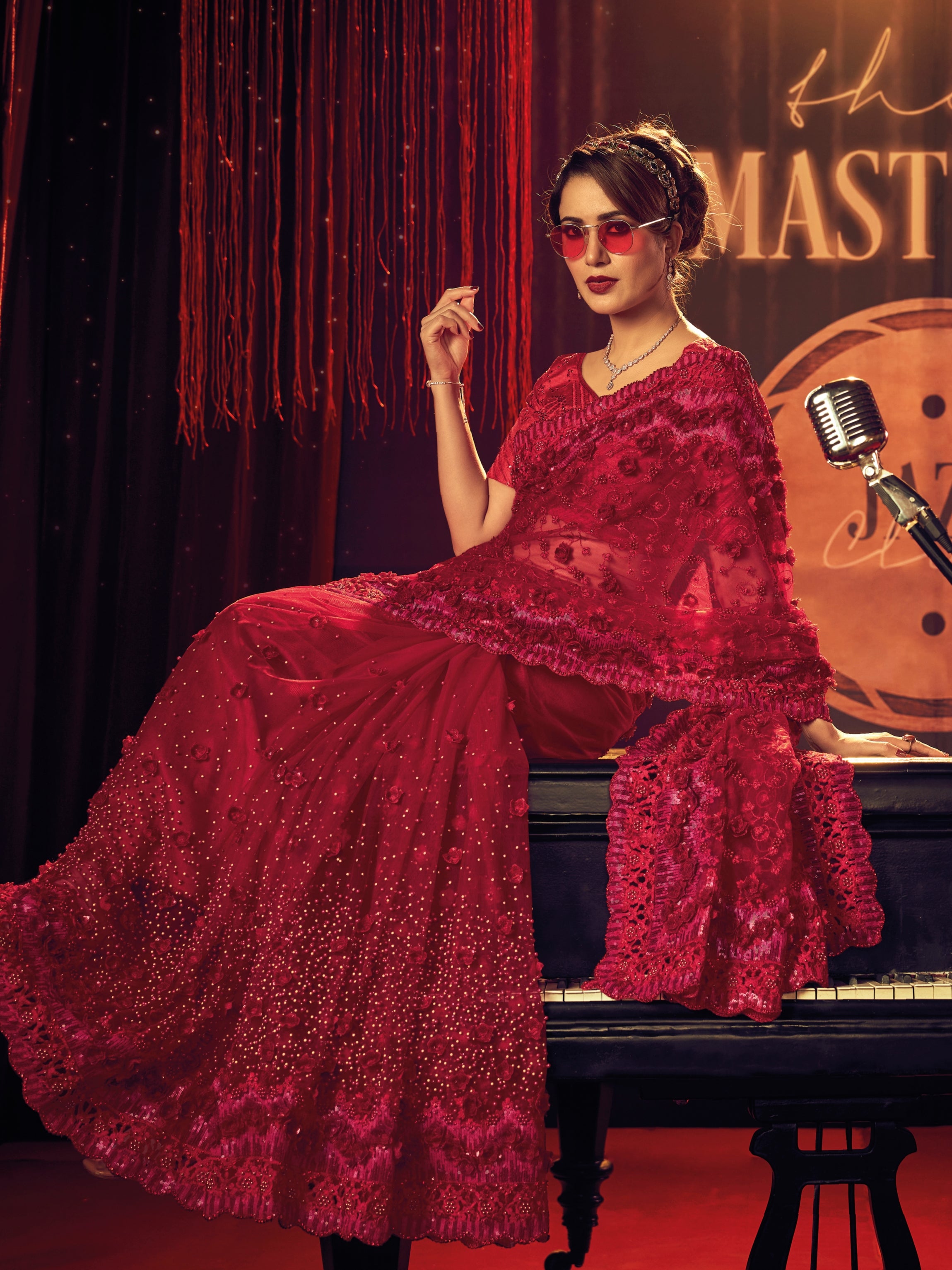 Red Digital Net Saree with Zari &amp; Sequins Work
