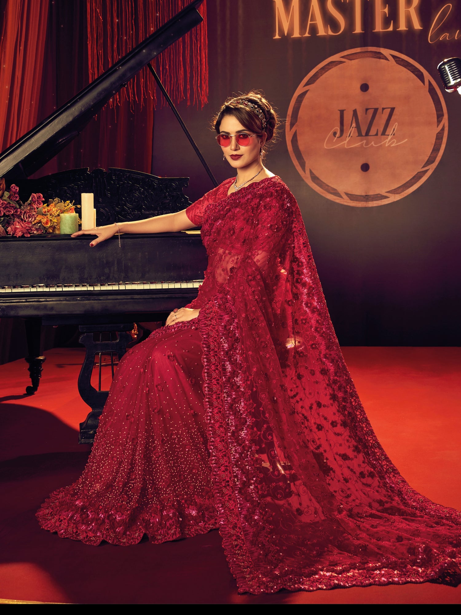 Red Digital Net Saree with Zari &amp; Sequins Work
