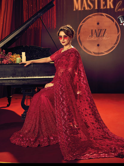 Red Digital Net Saree with Zari &amp; Sequins Work