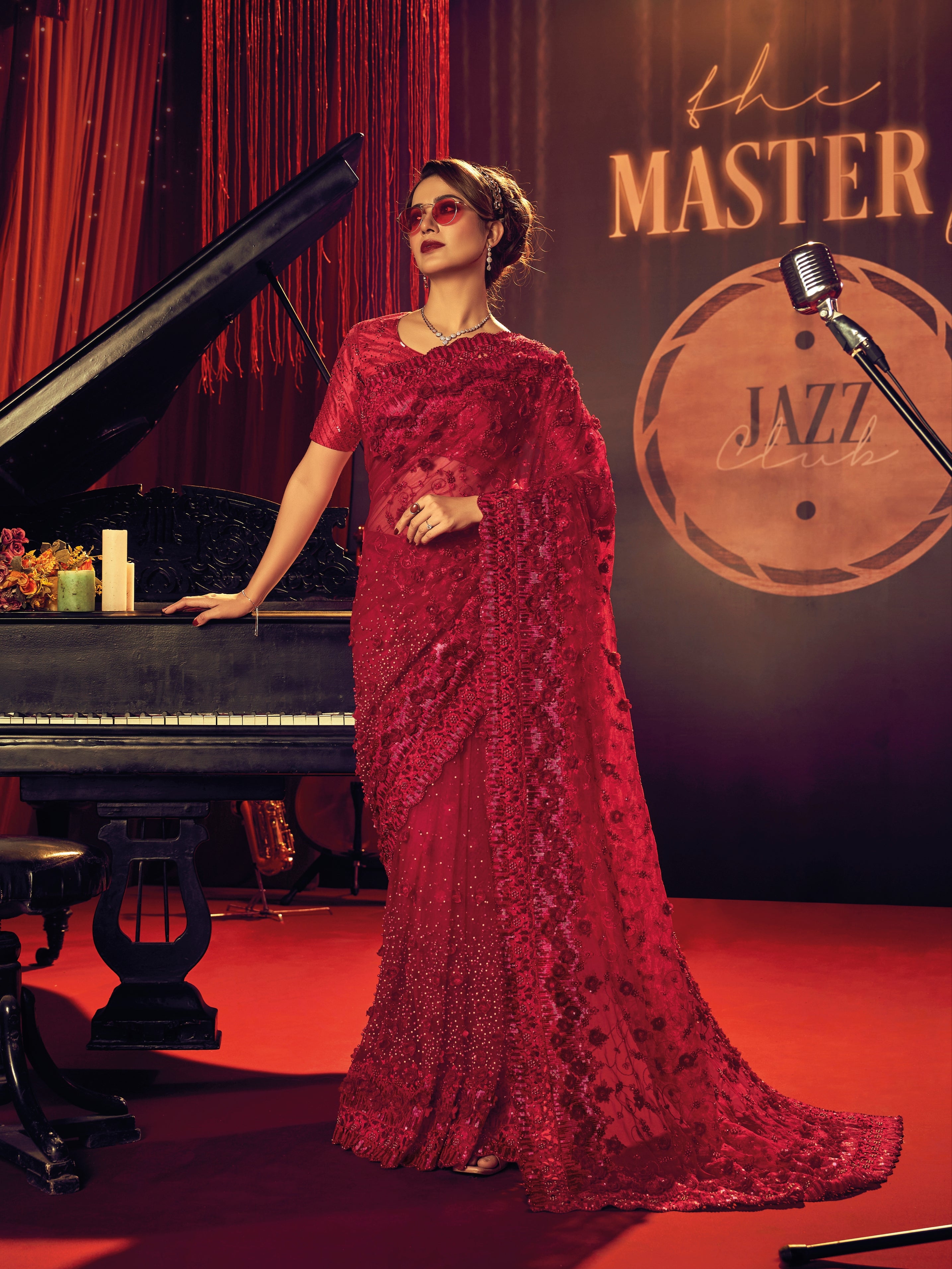 Red Digital Net Saree with Zari &amp; Sequins Work