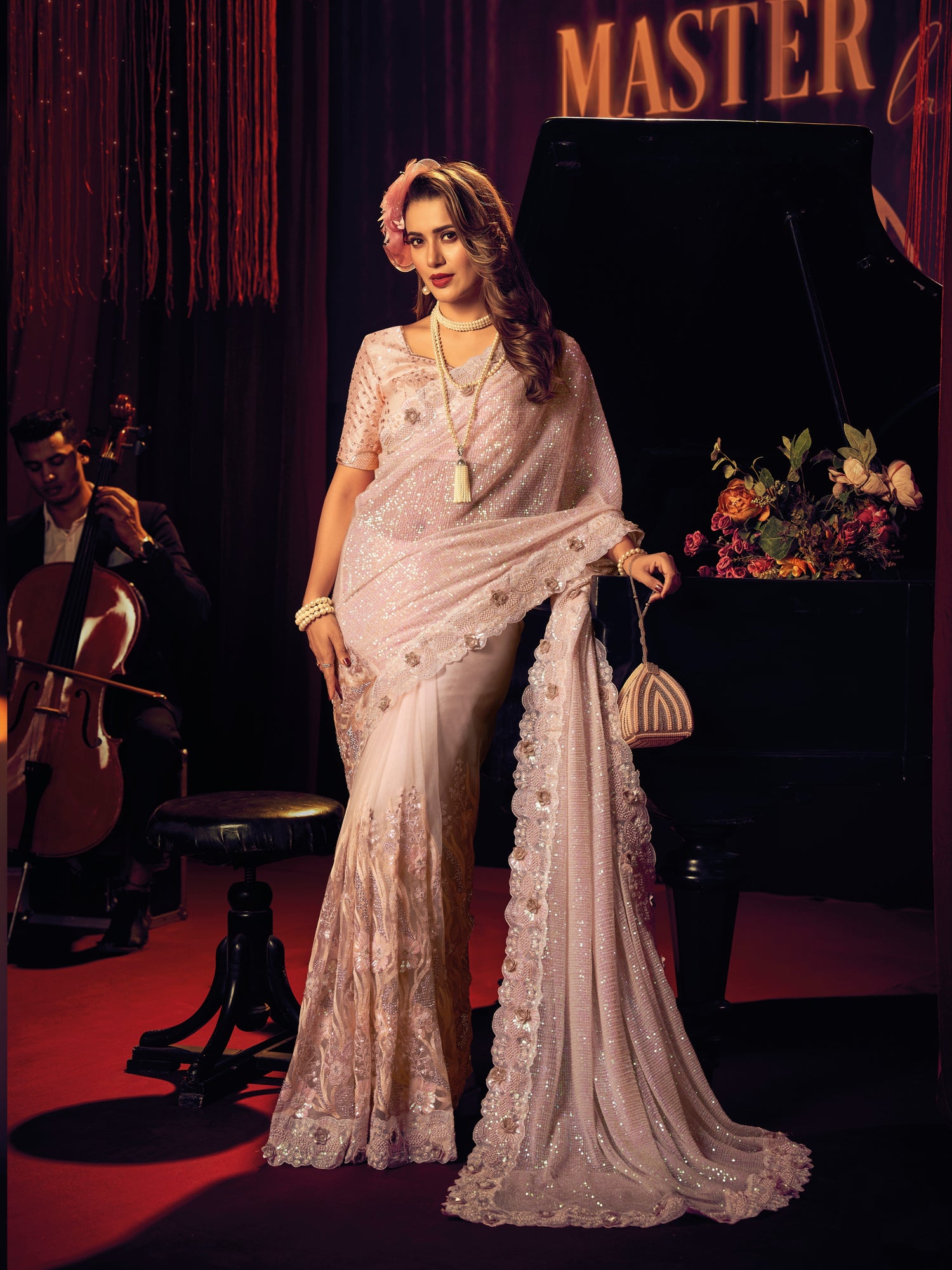 White Digital Net Saree with Heavy Zari &amp; Patchwork