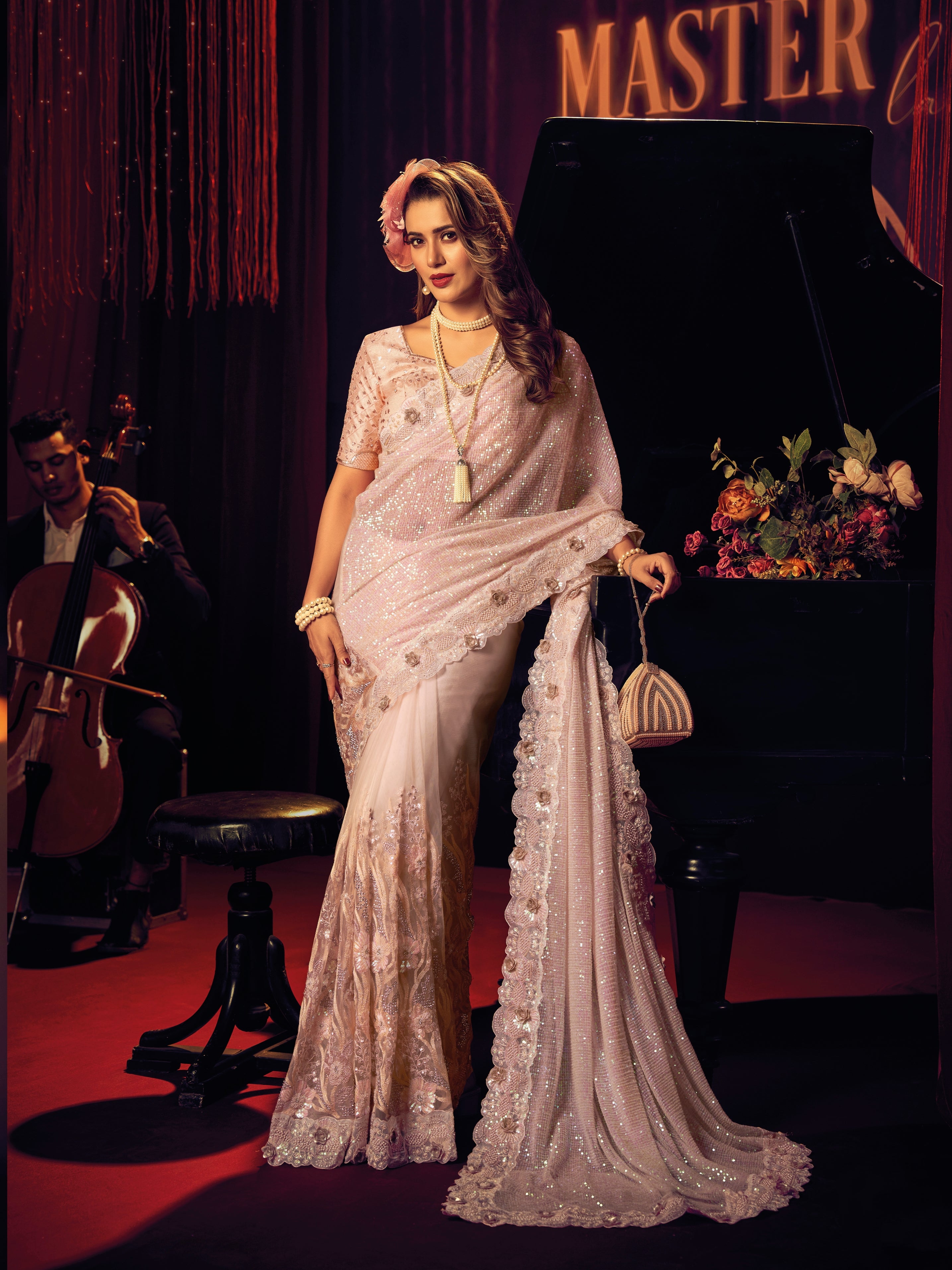 White Digital Net Saree with Heavy Zari &amp; Patchwork