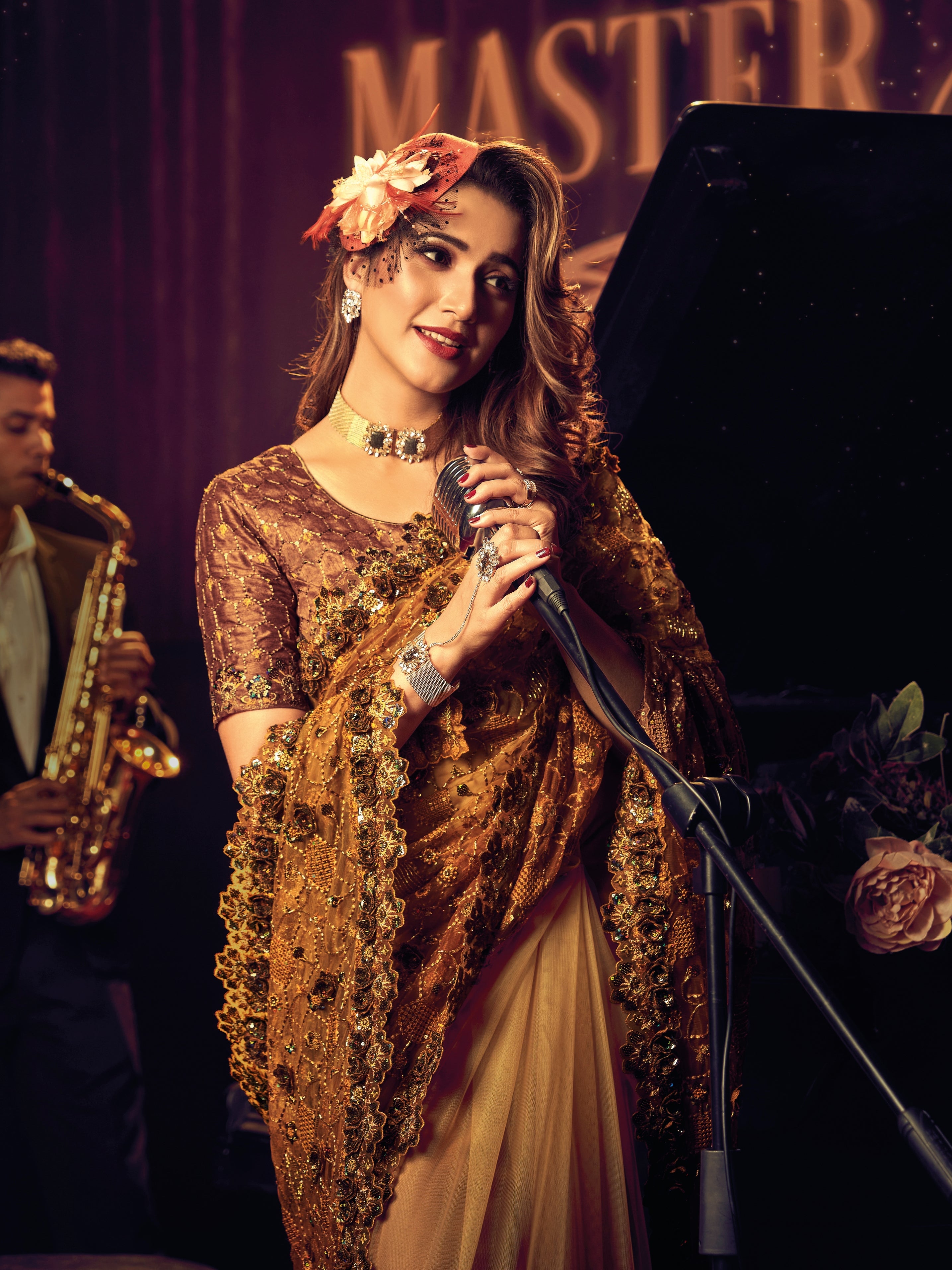 Mauve Digital Net Saree with Sequins &amp; Zari Embroidery