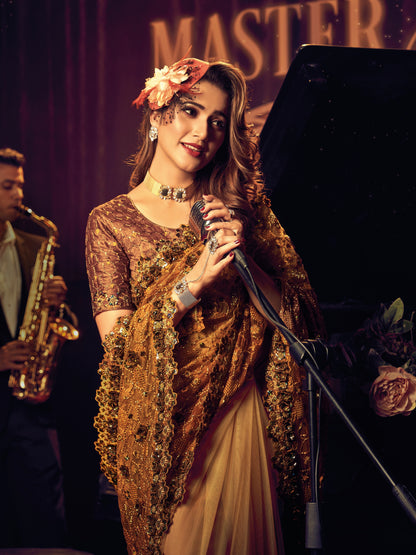 Mauve Digital Net Saree with Sequins &amp; Zari Embroidery