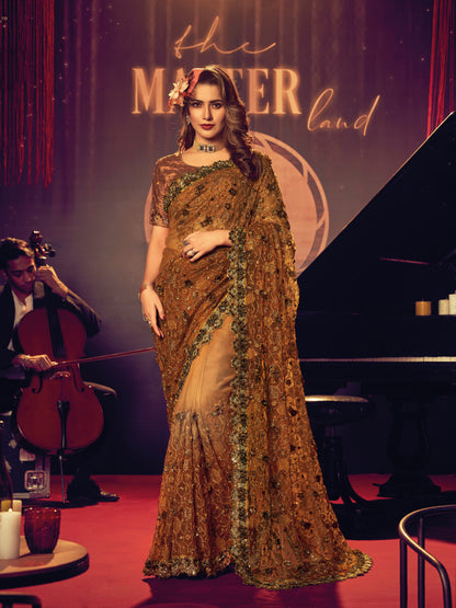 Mauve Digital Net Saree with Sequins &amp; Zari Embroidery