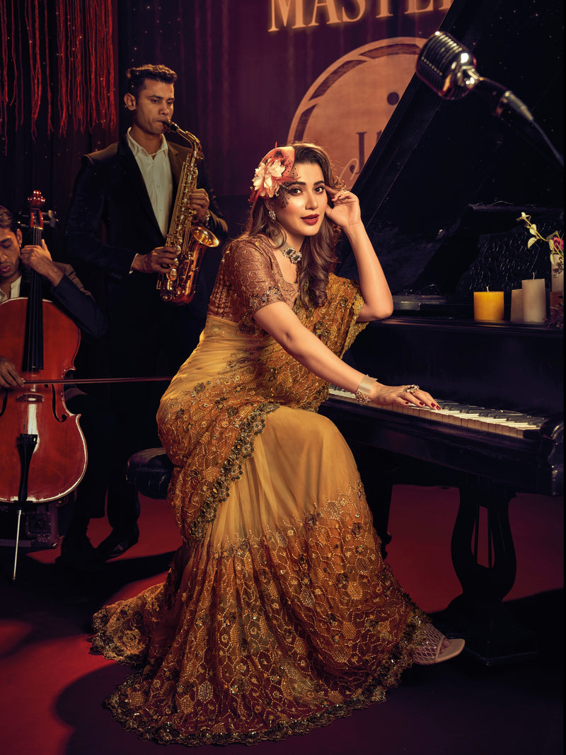 Mauve Digital Net Saree with Sequins & Zari Embroidery