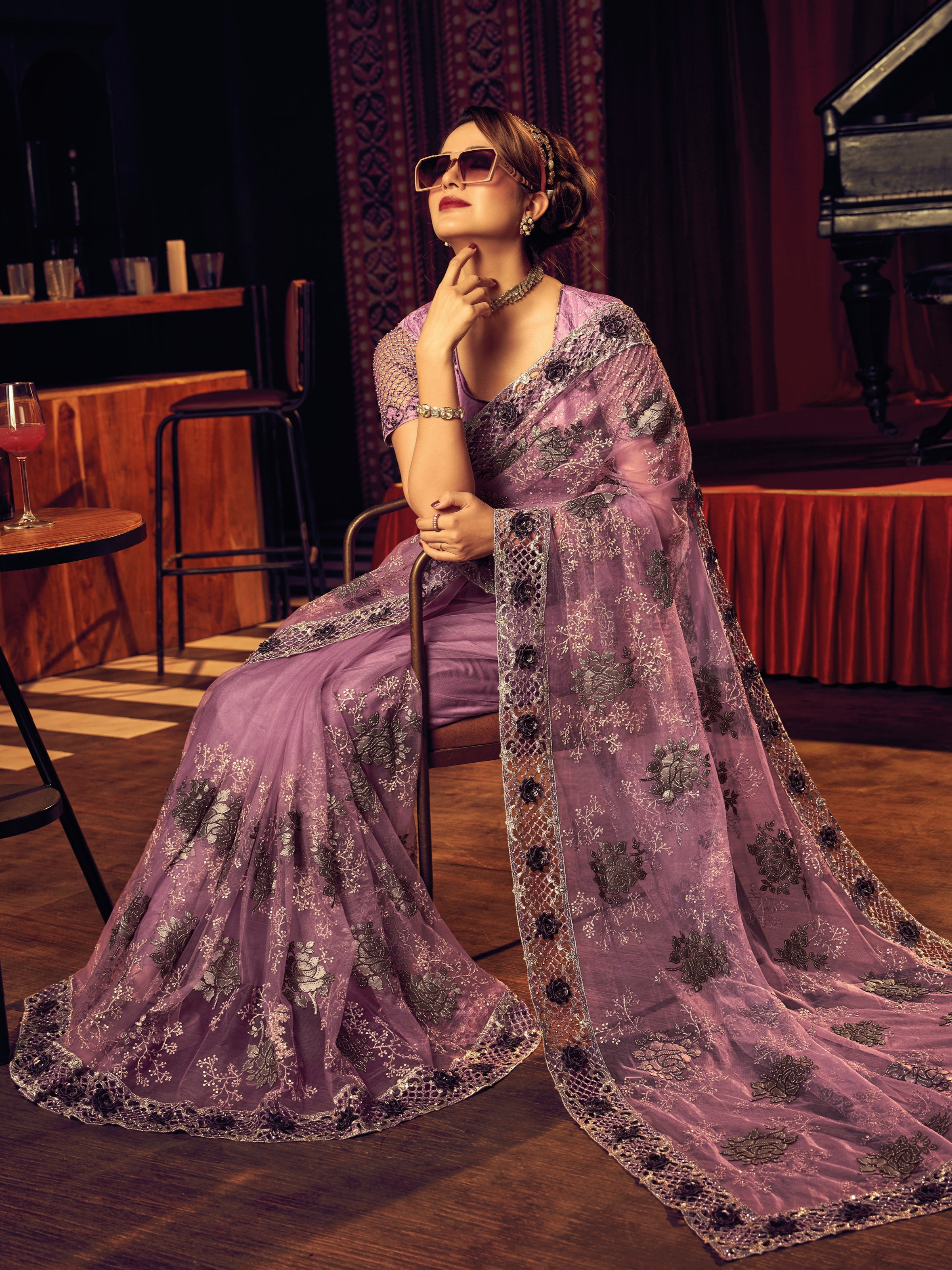 Lavender Digital Net Saree with Zari &amp; Zarkan Embroidery