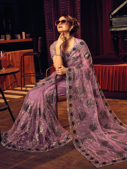 Lavender Digital Net Saree with Zari &amp; Zarkan Embroidery