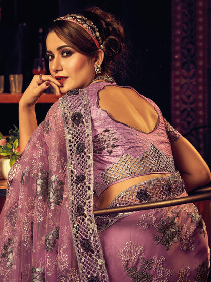 Lavender Digital Net Saree with Zari &amp; Zarkan Embroidery