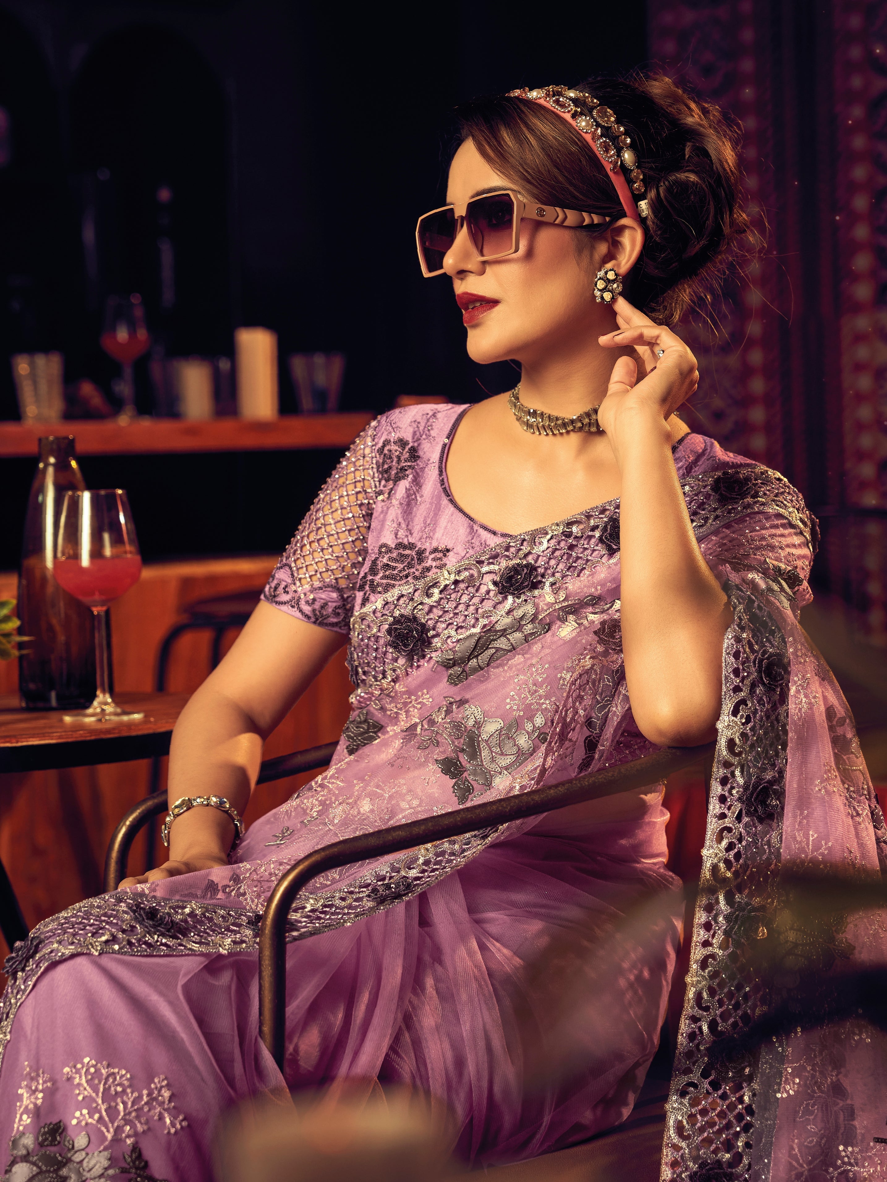 Lavender Digital Net Saree with Zari &amp; Zarkan Embroidery
