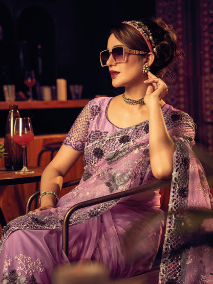 Lavender Digital Net Saree with Zari &amp; Zarkan Embroidery