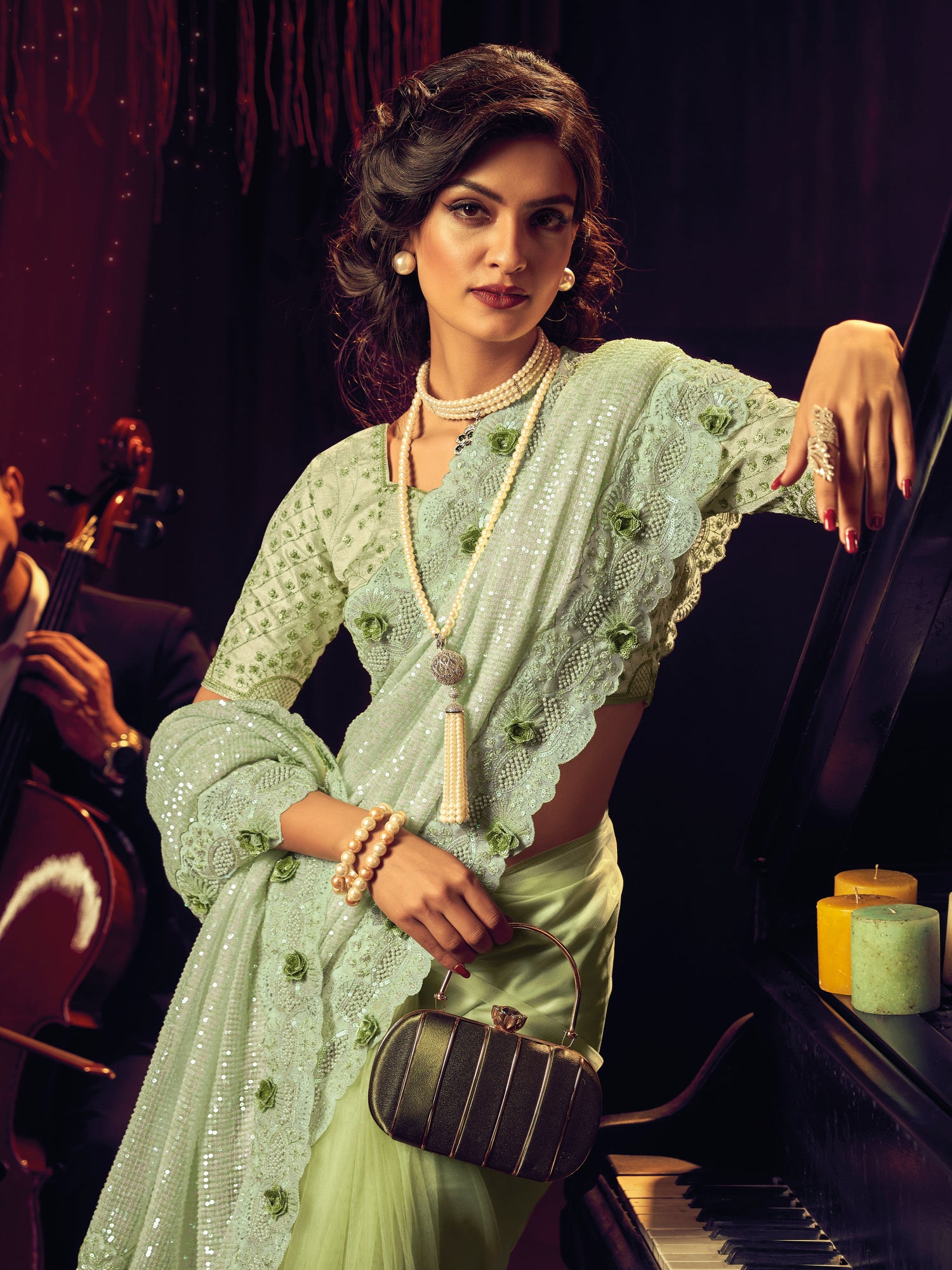 Green Digital Net Saree with Heavy Embroidery &amp; Sequins