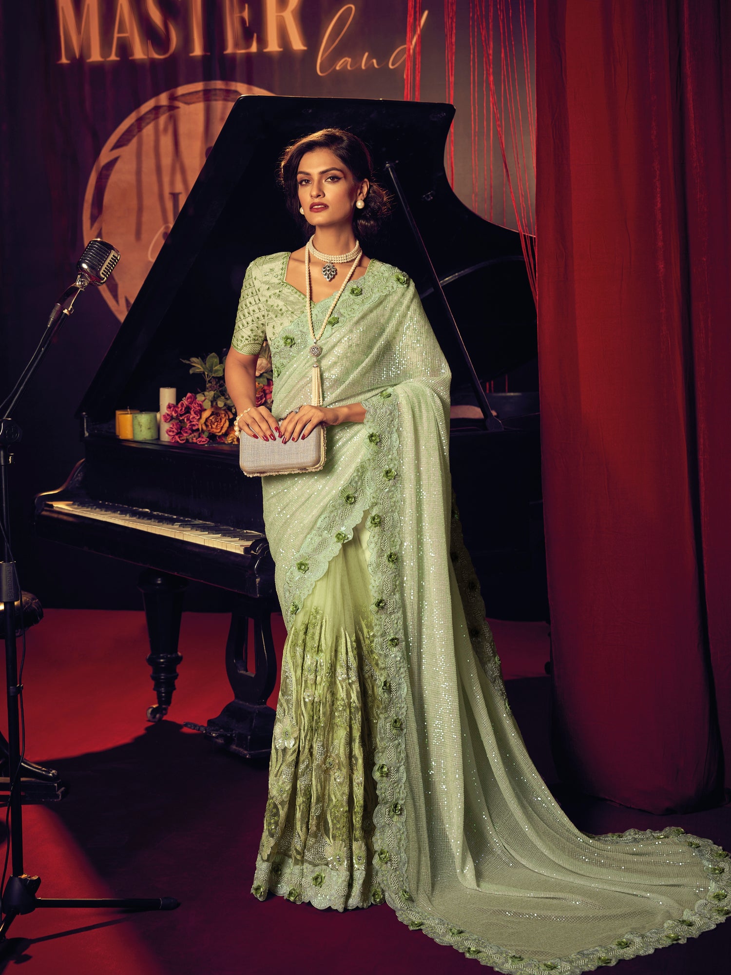 Green Digital Net Saree with Heavy Embroidery &amp; Sequins