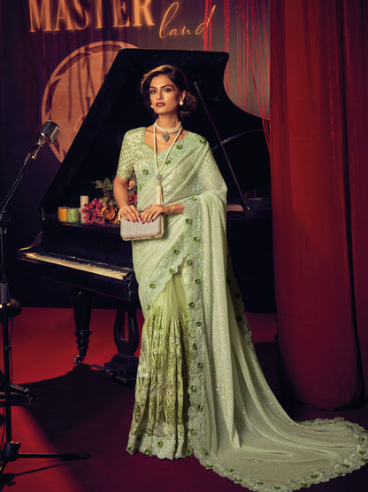 Green Digital Net Saree with Heavy Embroidery &amp; Sequins